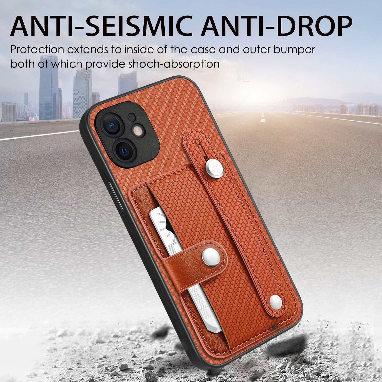 C1-01 For iPhone 12 Case Carbon Fiber Texture PU+TPU+PC Kickstand Phone Cover with Card Slot