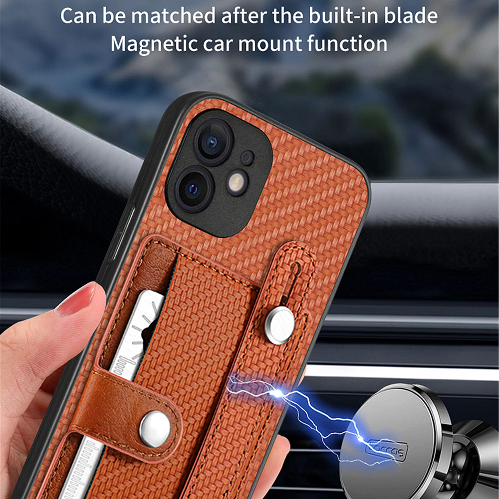 C1-01 For iPhone 12 Case Carbon Fiber Texture PU+TPU+PC Kickstand Phone Cover with Card Slot