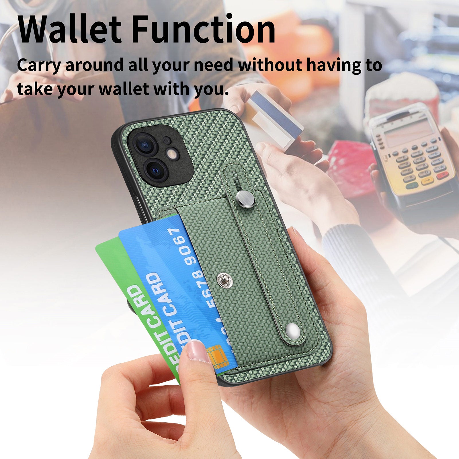 C1-01 For iPhone 12 Case Carbon Fiber Texture PU+TPU+PC Kickstand Phone Cover with Card Slot
