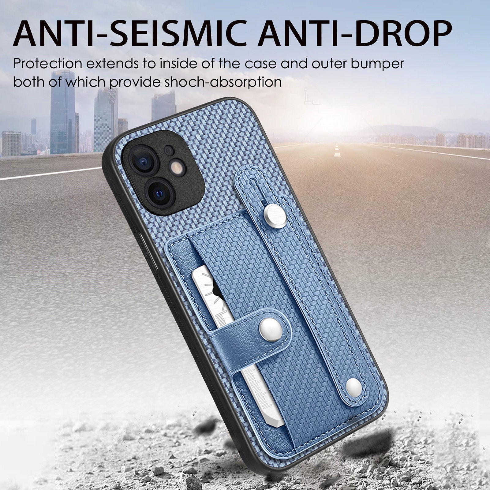 C1-01 For iPhone 12 Case Carbon Fiber Texture PU+TPU+PC Kickstand Phone Cover with Card Slot