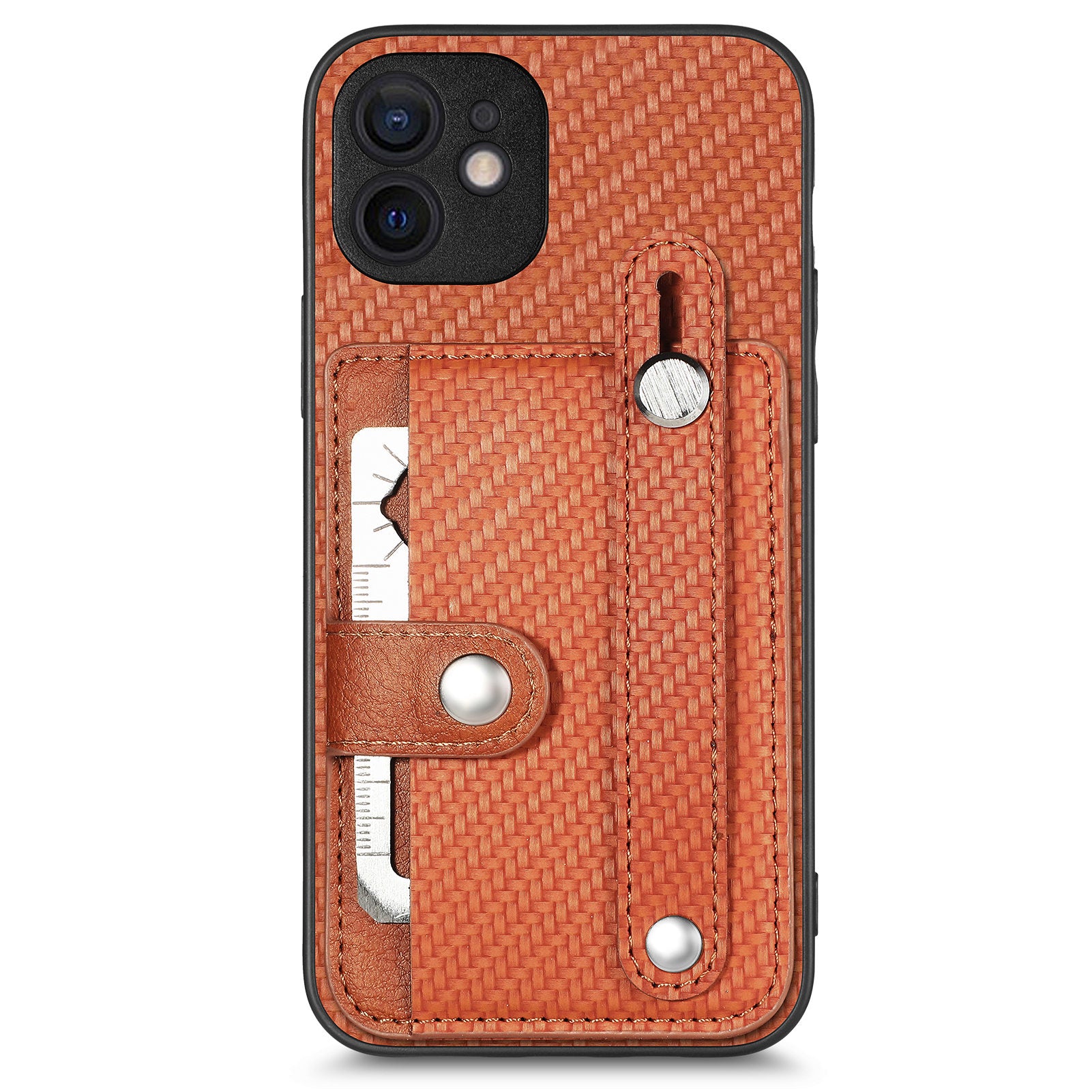 C1-01 For iPhone 12 Case Carbon Fiber Texture PU+TPU+PC Kickstand Phone Cover with Card Slot