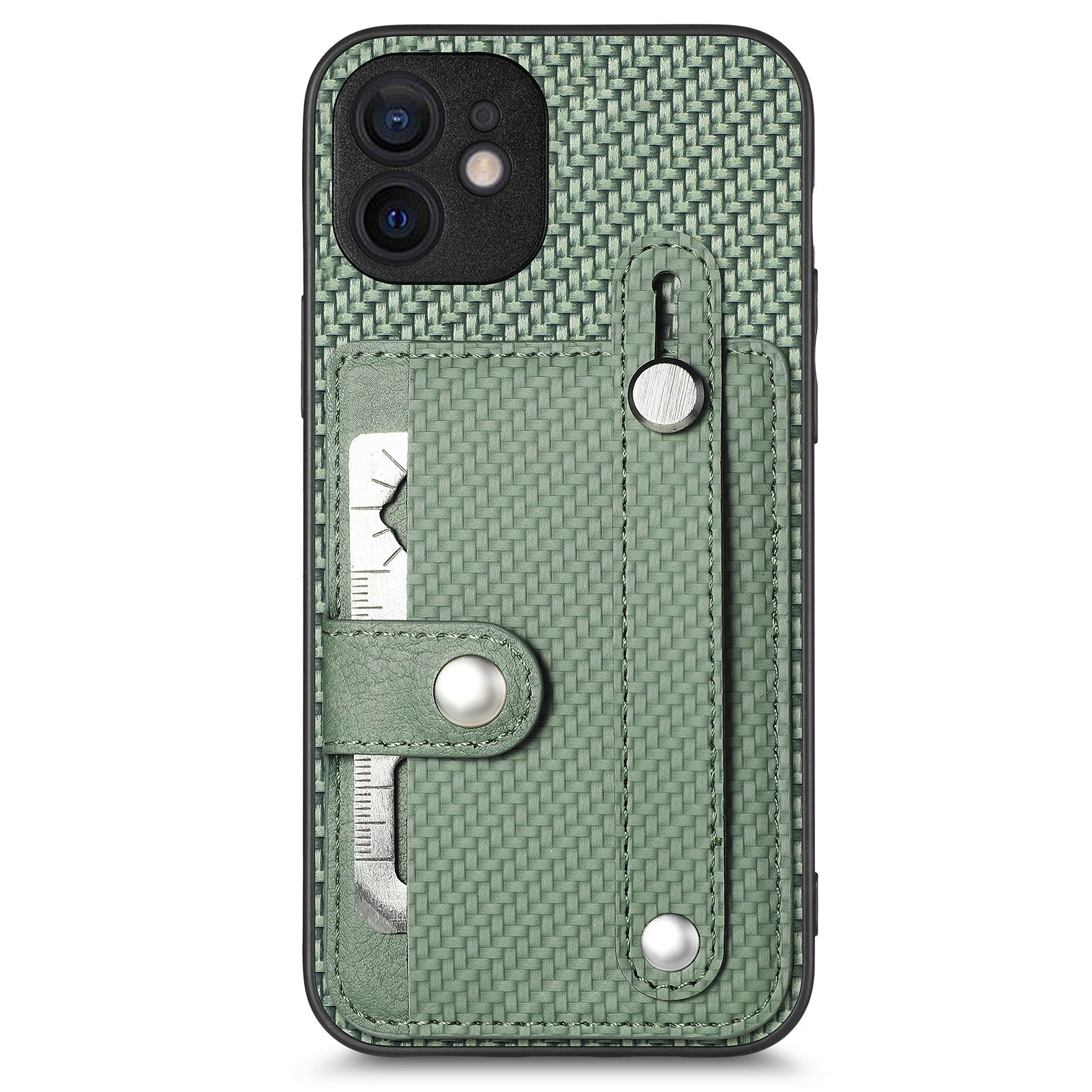 C1-01 For iPhone 12 Case Carbon Fiber Texture PU+TPU+PC Kickstand Phone Cover with Card Slot