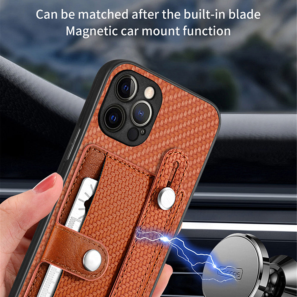 C1-01 For iPhone 12 Pro Kickstand Case Card Slot Carbon Fiber Texture PU+TPU+PC Phone Cover