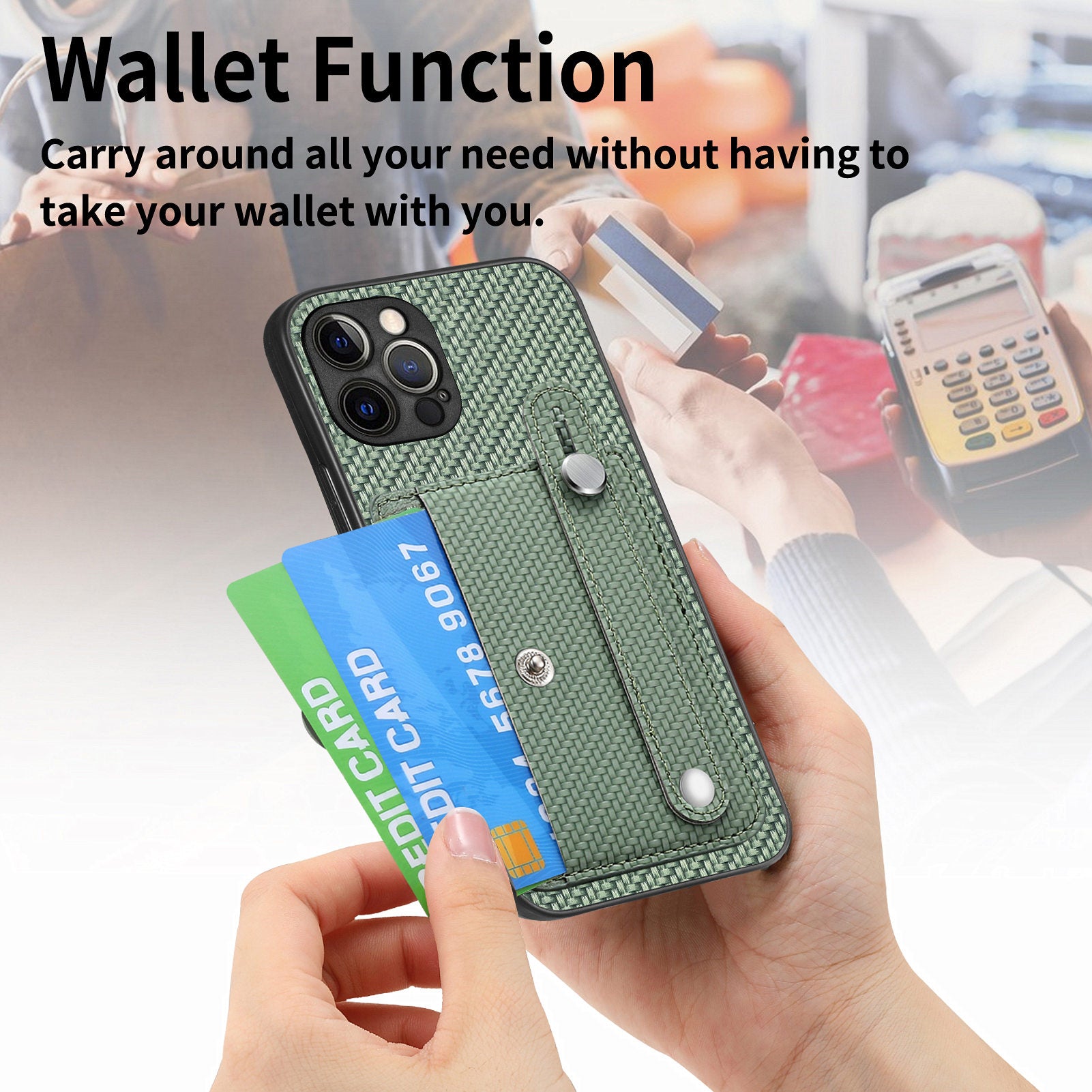 C1-01 For iPhone 12 Pro Kickstand Case Card Slot Carbon Fiber Texture PU+TPU+PC Phone Cover