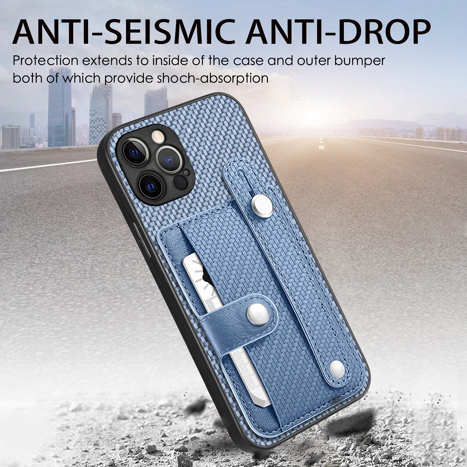 C1-01 For iPhone 12 Pro Kickstand Case Card Slot Carbon Fiber Texture PU+TPU+PC Phone Cover