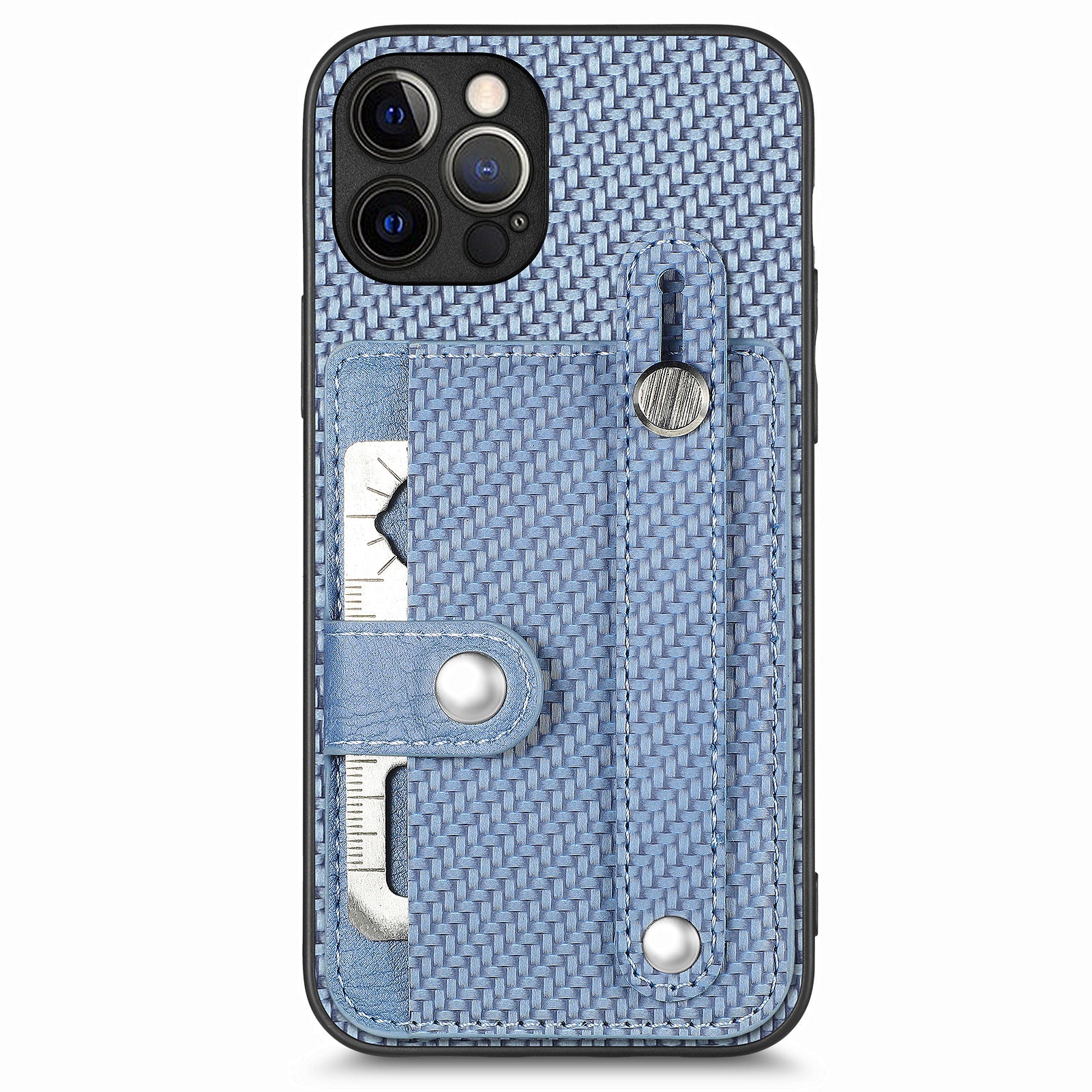 C1-01 For iPhone 12 Pro Kickstand Case Card Slot Carbon Fiber Texture PU+TPU+PC Phone Cover