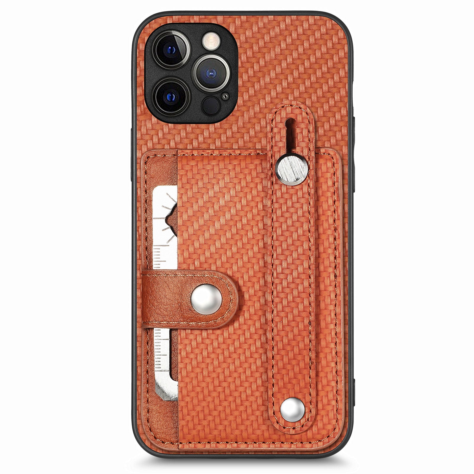 C1-01 For iPhone 12 Pro Kickstand Case Card Slot Carbon Fiber Texture PU+TPU+PC Phone Cover