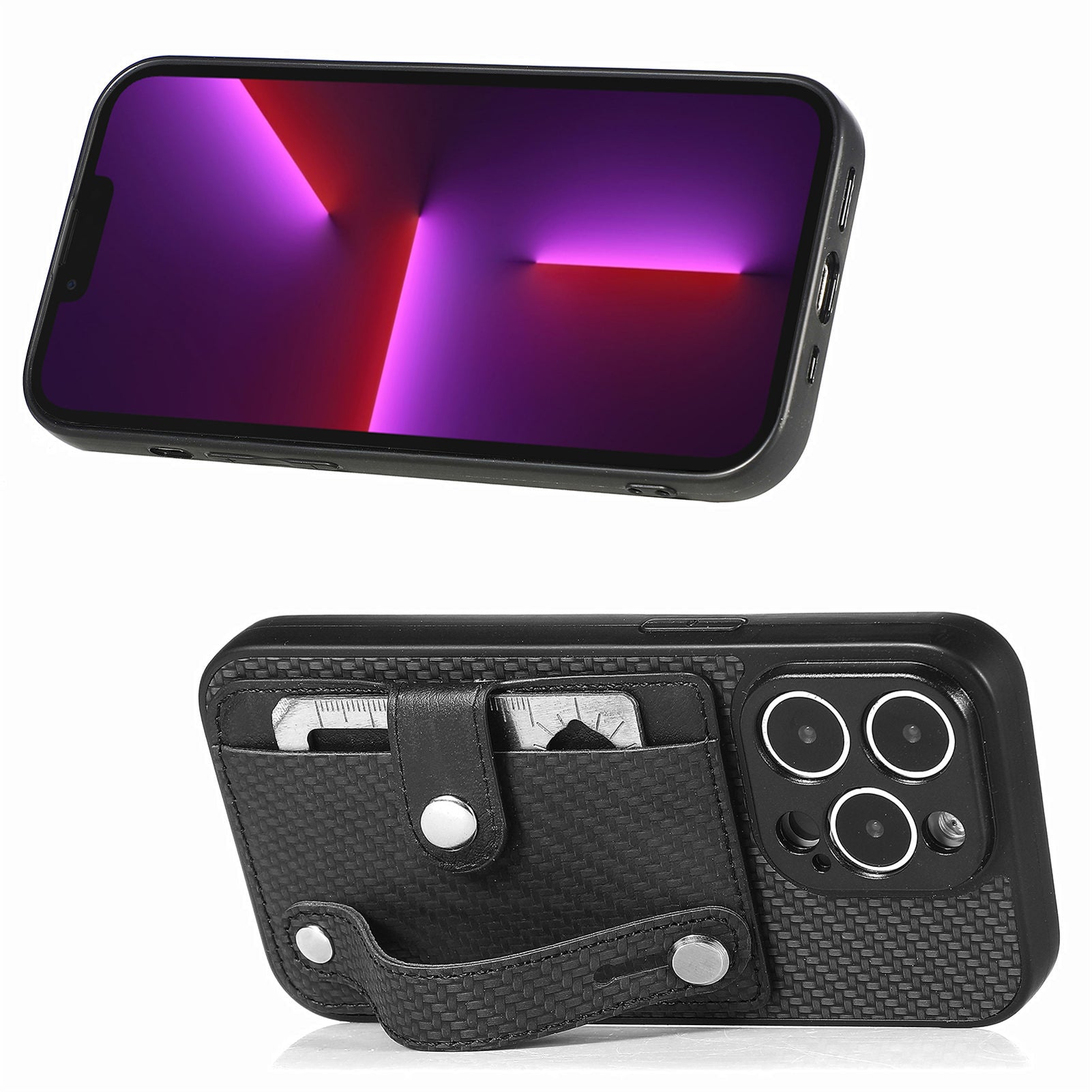 C1-01 For iPhone 13 Pro Case Card Slot Carbon Fiber Texture PU+TPU+PC Shockproof Phone Cover