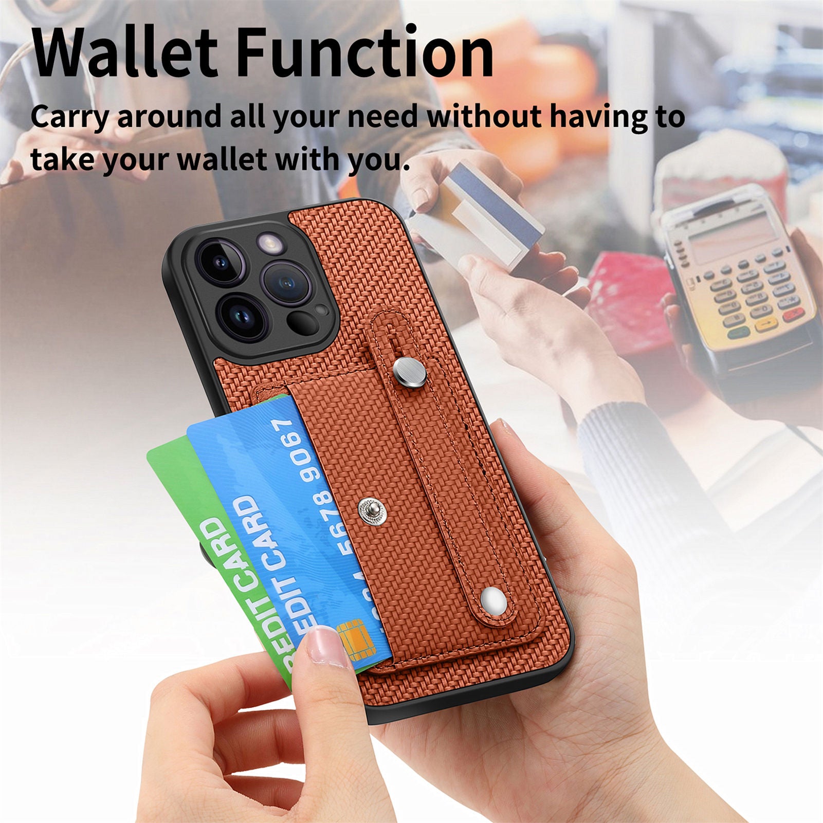 C1-01 For iPhone 13 Pro Case Card Slot Carbon Fiber Texture PU+TPU+PC Shockproof Phone Cover