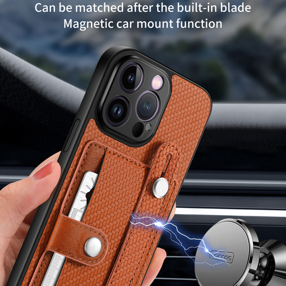 C1-01 For iPhone 13 Pro Case Card Slot Carbon Fiber Texture PU+TPU+PC Shockproof Phone Cover