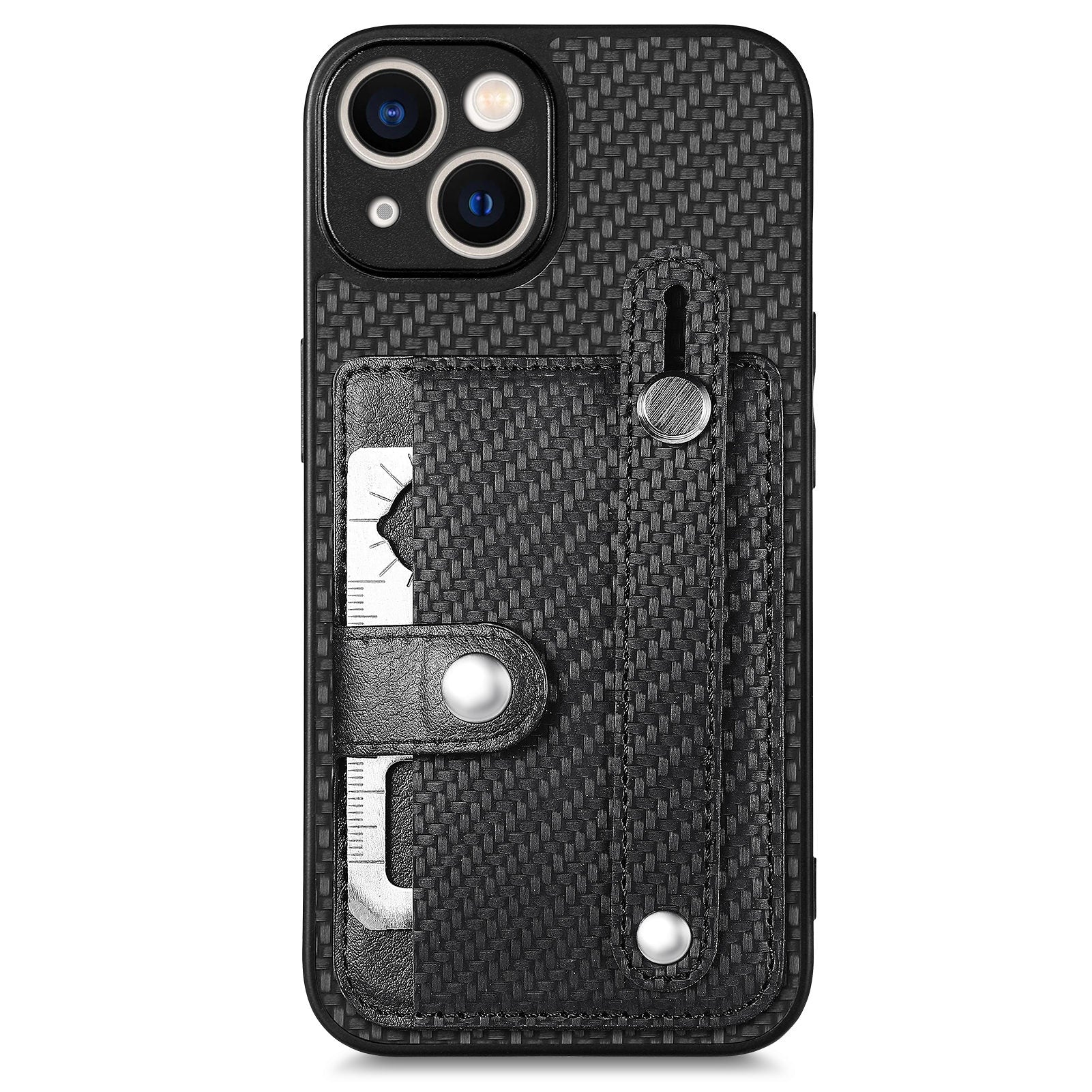 C1-01 For iPhone 13 Phone Case Card Holder Wristband PU Leather Coated TPU+PC Cover