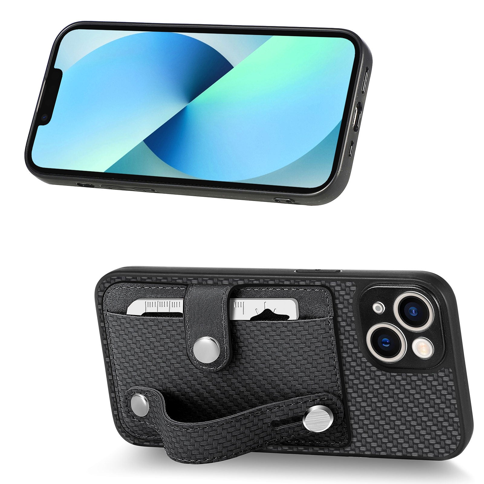 C1-01 For iPhone 13 Phone Case Card Holder Wristband PU Leather Coated TPU+PC Cover