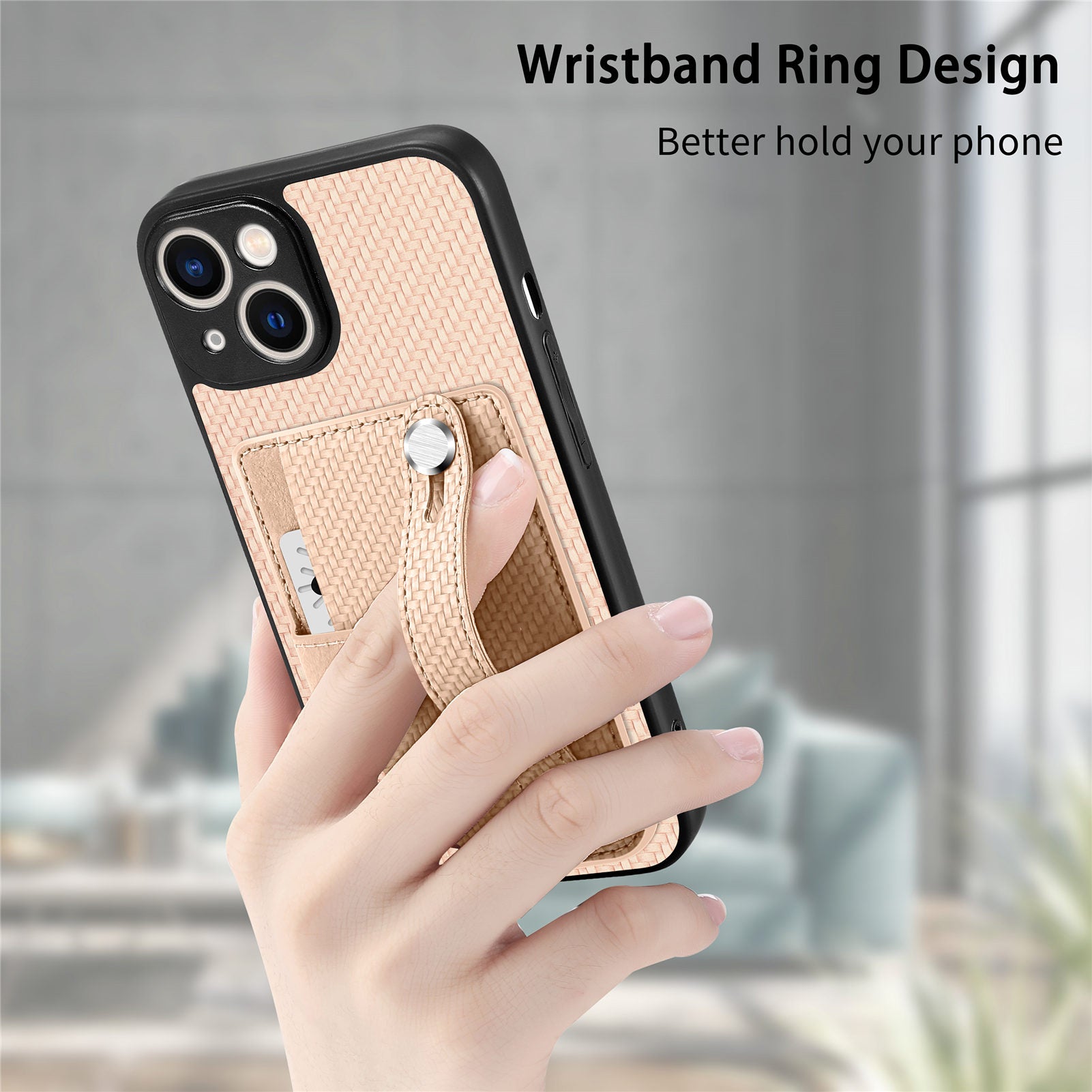 C1-01 For iPhone 13 Phone Case Card Holder Wristband PU Leather Coated TPU+PC Cover