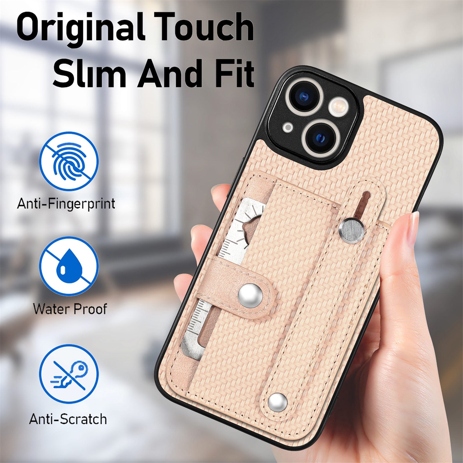 C1-01 For iPhone 13 Phone Case Card Holder Wristband PU Leather Coated TPU+PC Cover