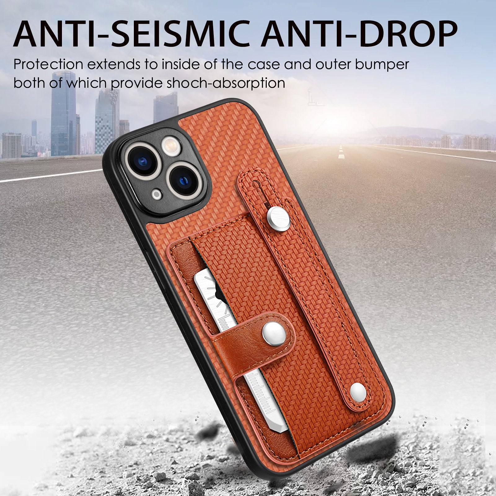 C1-01 For iPhone 13 Phone Case Card Holder Wristband PU Leather Coated TPU+PC Cover