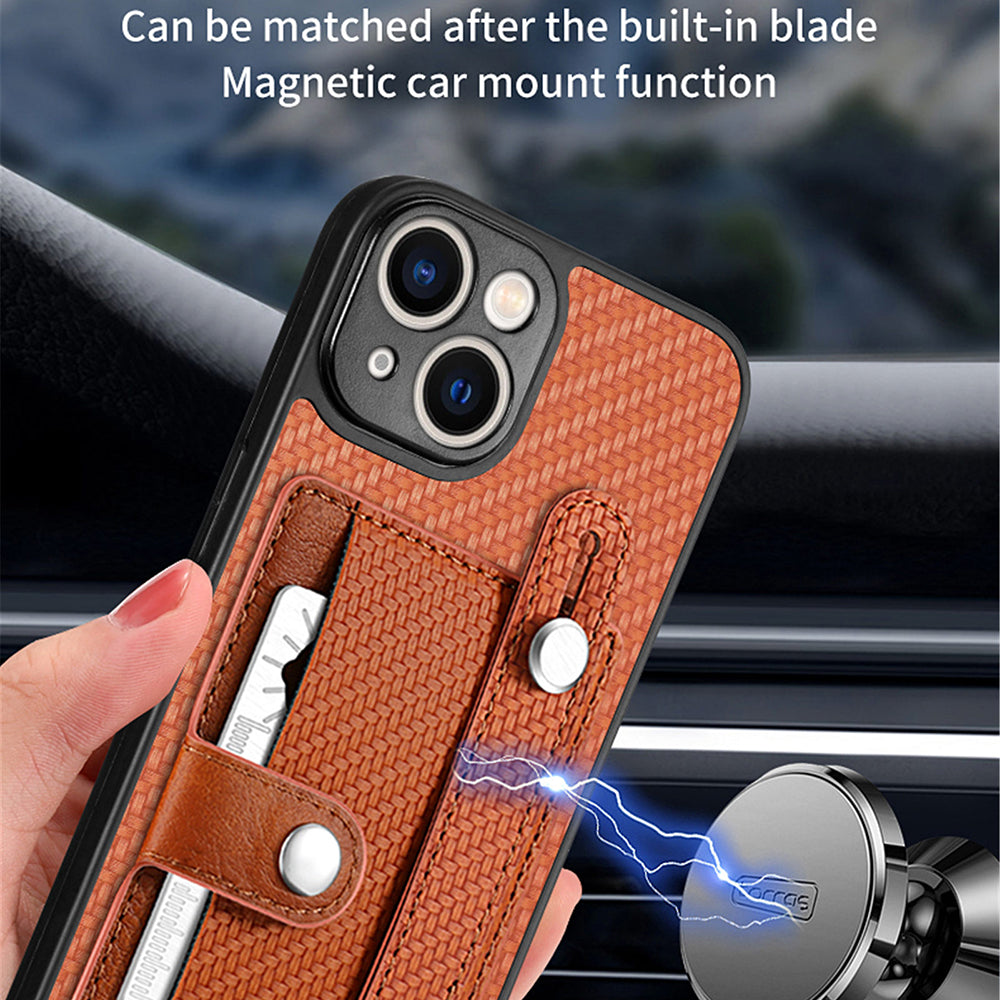C1-01 For iPhone 13 Phone Case Card Holder Wristband PU Leather Coated TPU+PC Cover