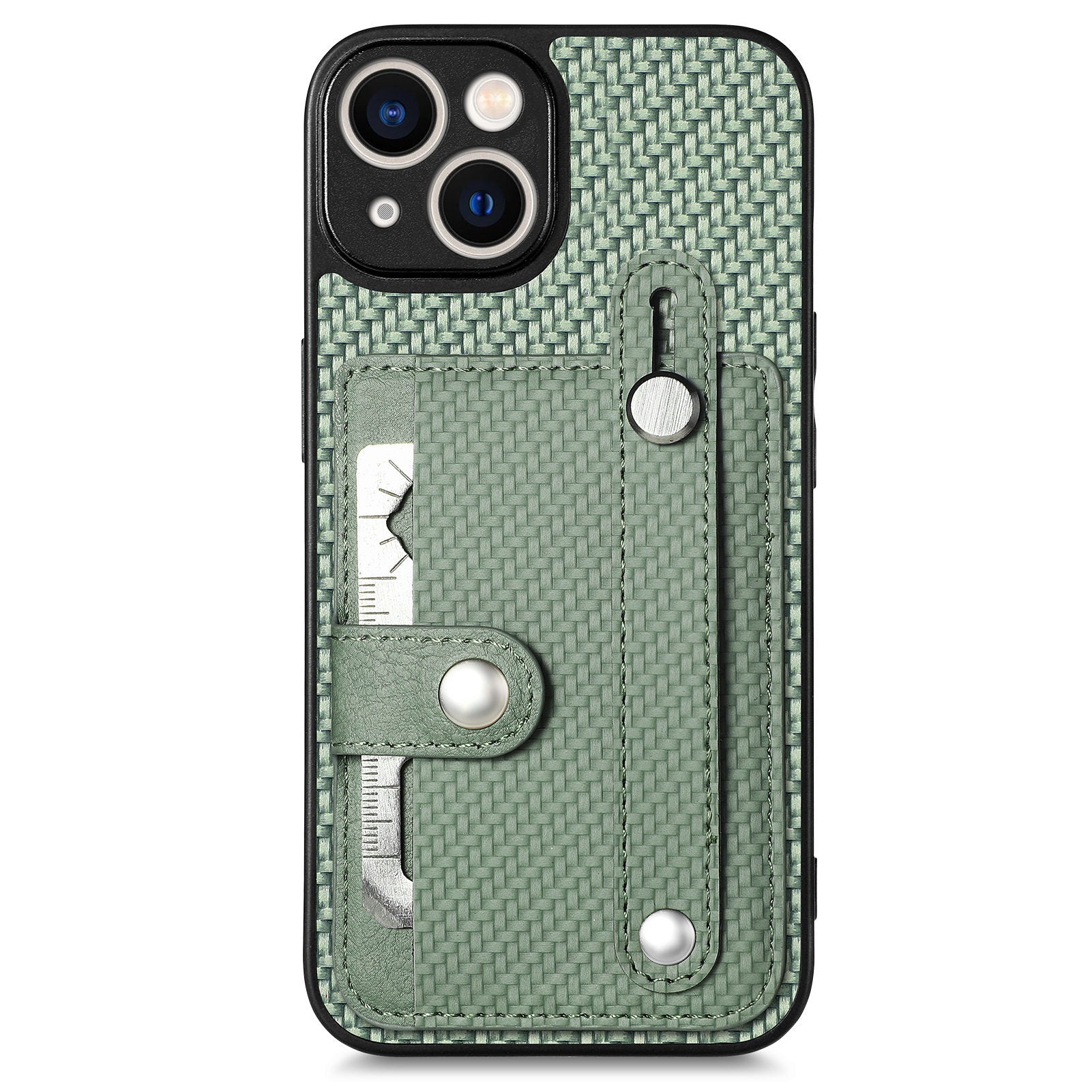 C1-01 For iPhone 13 Phone Case Card Holder Wristband PU Leather Coated TPU+PC Cover