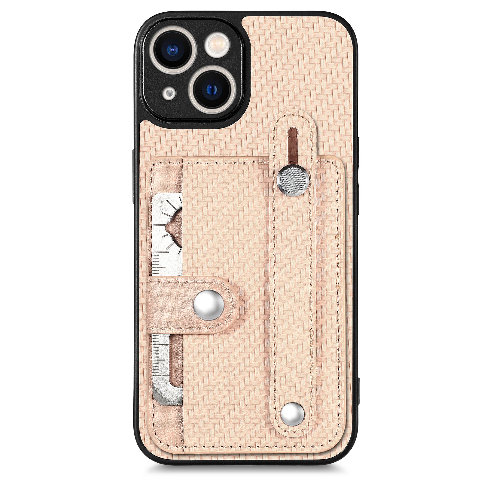 C1-01 For iPhone 13 Phone Case Card Holder Wristband PU Leather Coated TPU+PC Cover