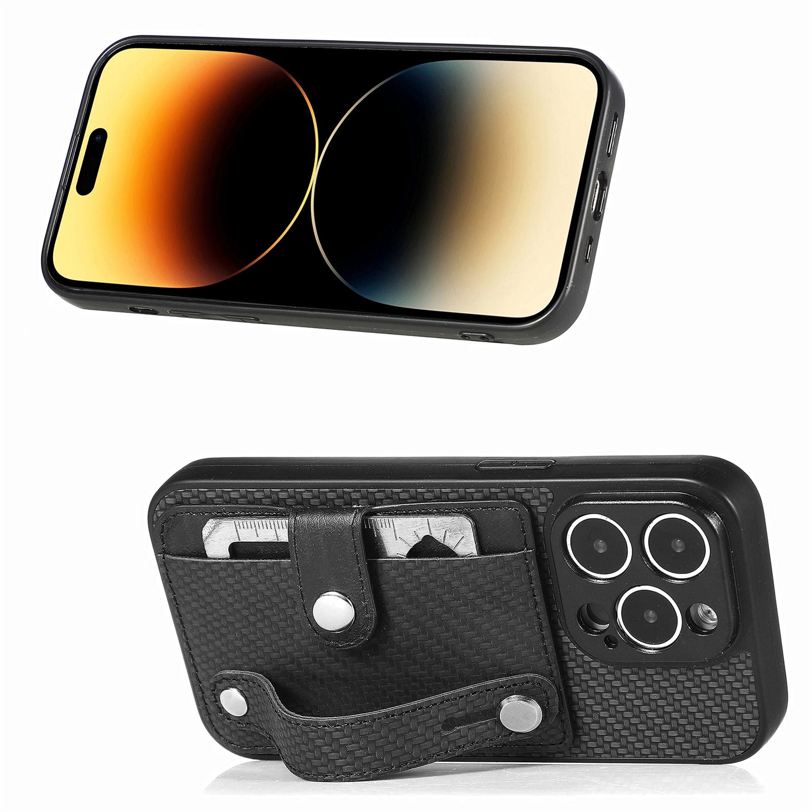 C1-01 For iPhone 14 Pro Max Case Leather Carbon Fiber Texture Back Cover with Card Slot