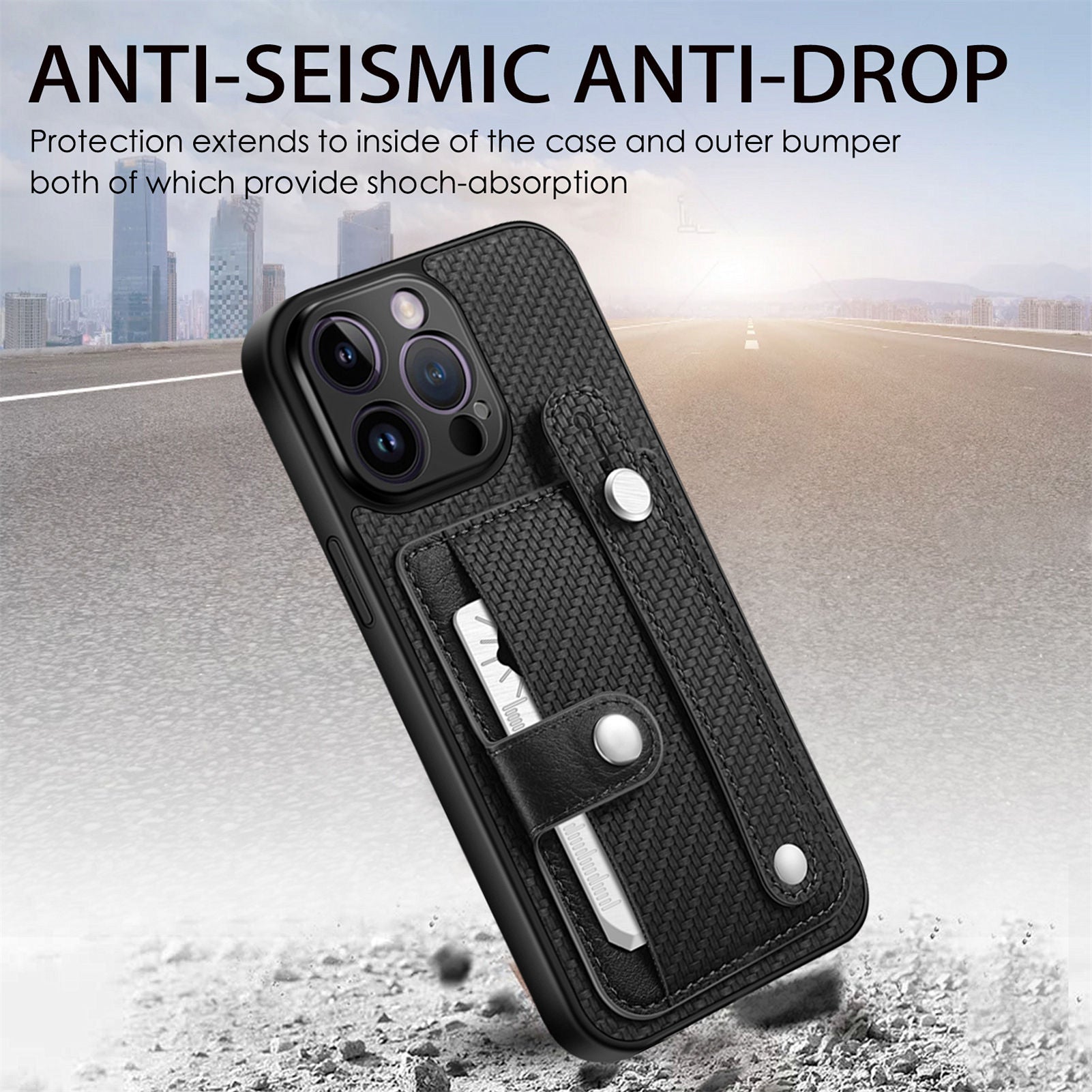 C1-01 For iPhone 14 Pro Max Case Leather Carbon Fiber Texture Back Cover with Card Slot