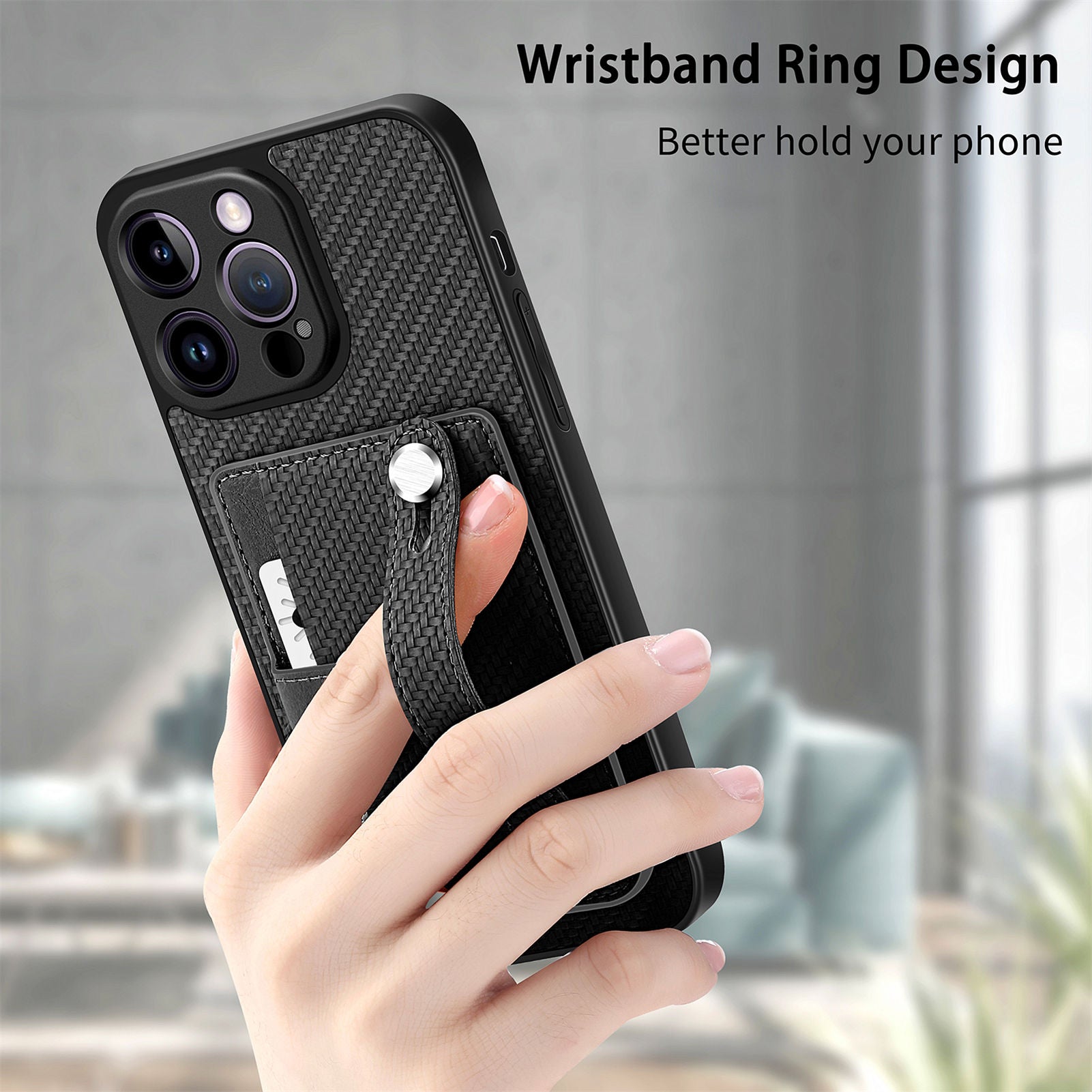 C1-01 For iPhone 14 Pro Case Card Slot Carbon Fiber Texture PU Hybrid Phone Cover