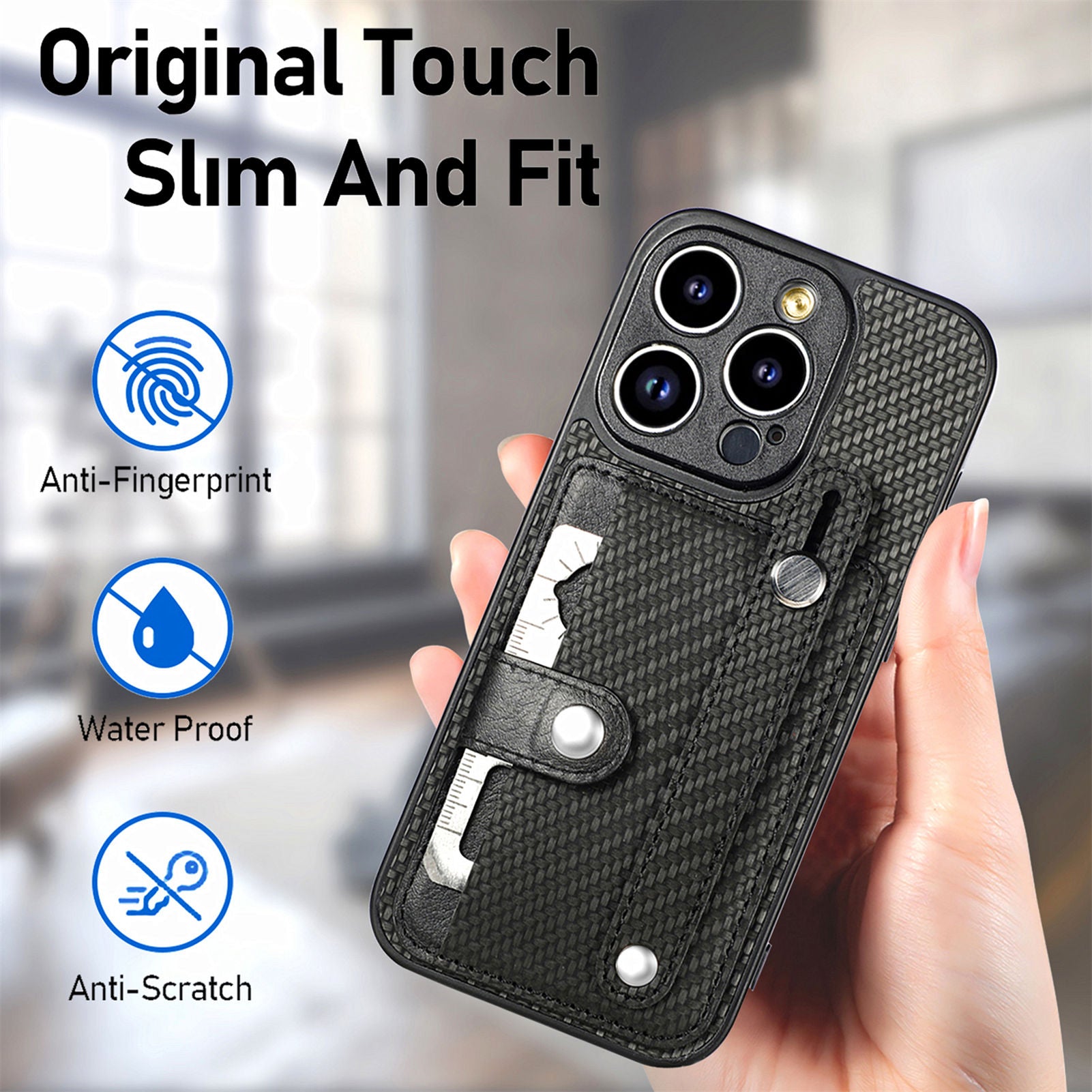 C1-01 For iPhone 14 Pro Case Card Slot Carbon Fiber Texture PU Hybrid Phone Cover