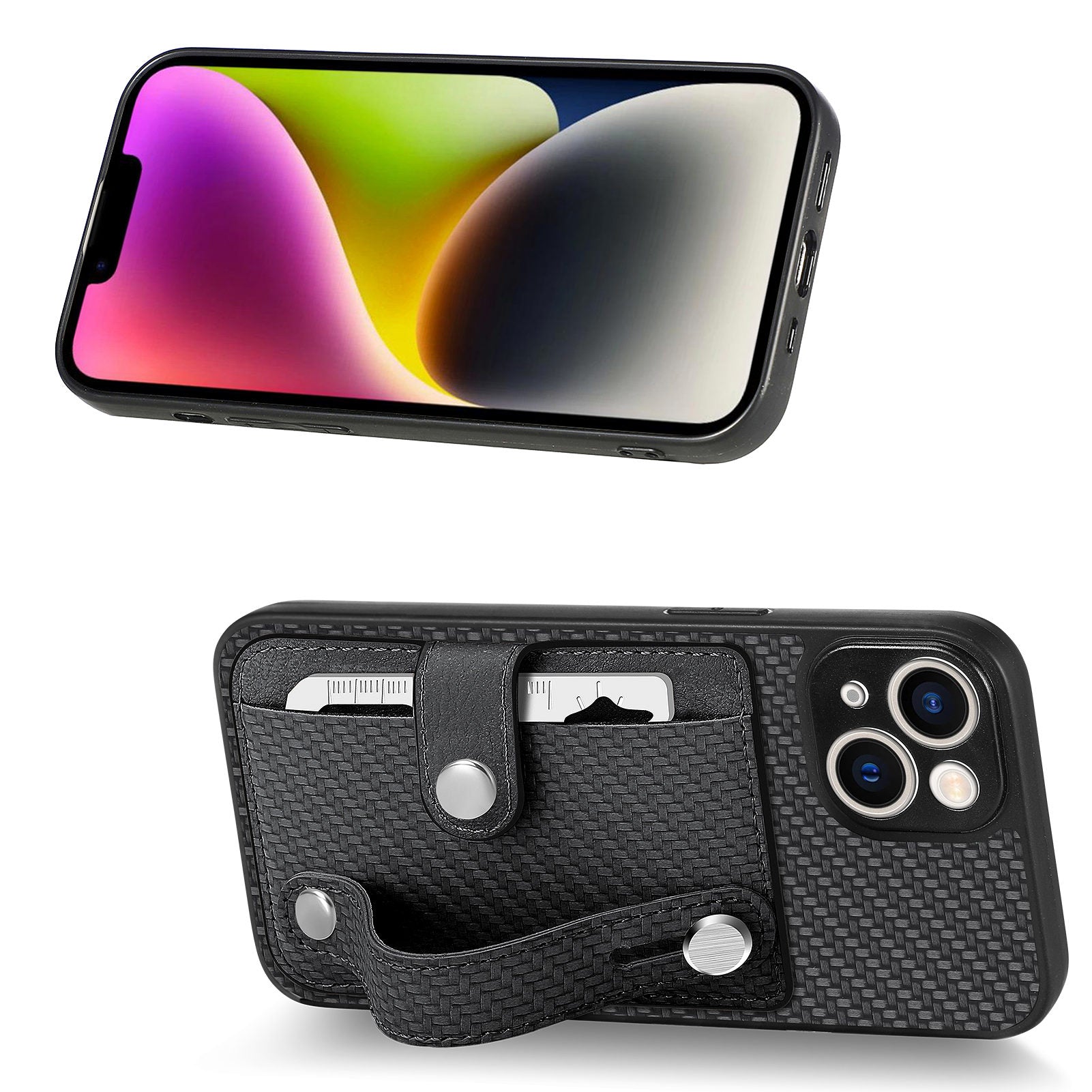 C1-01 For iPhone 14 Case Card Holder Carbon Fiber Texture PU+TPU+PC Shockproof Phone Cover