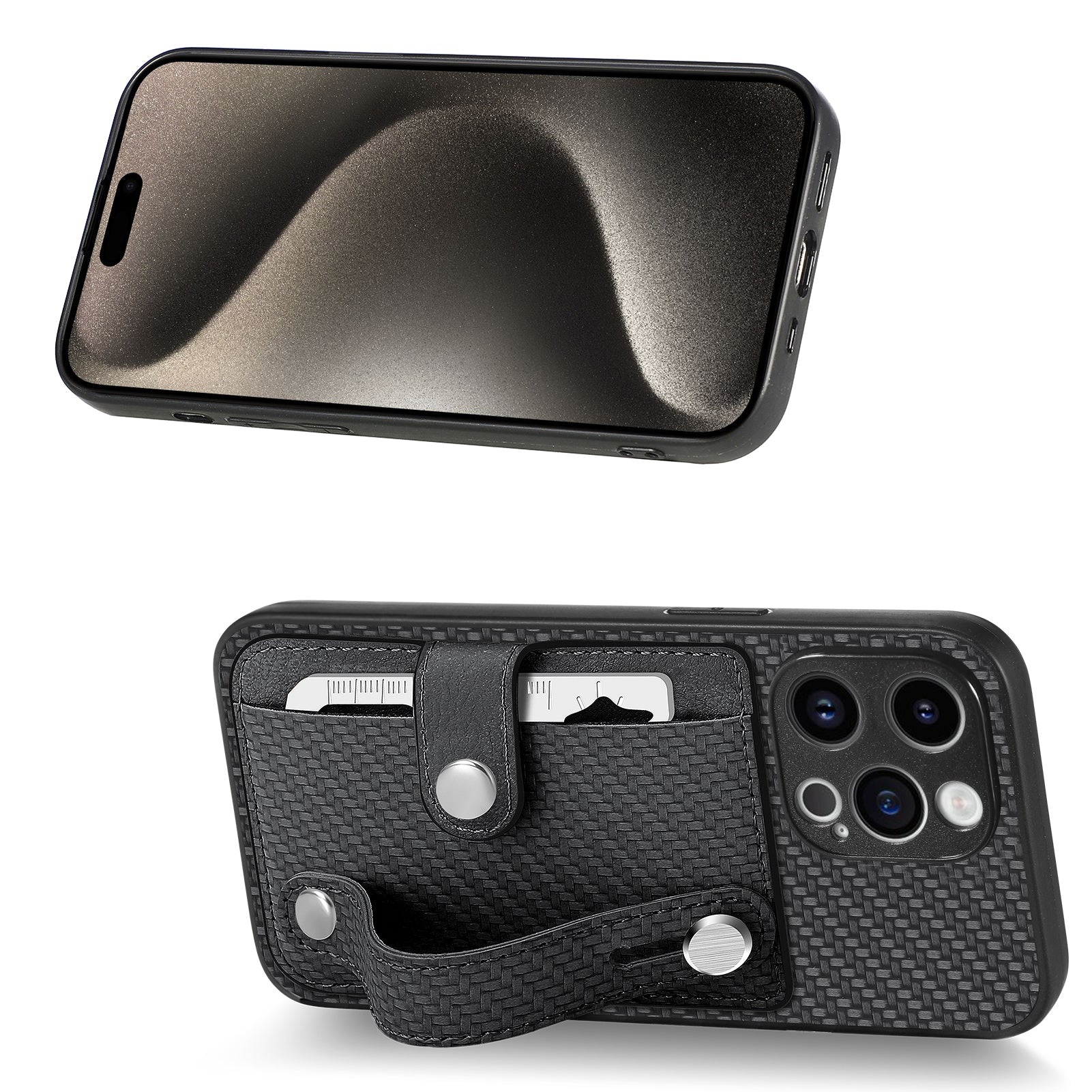 C1-01 For iPhone 15 Pro Case Wristband Design Card Holder Leather Coating Phone Back Cover