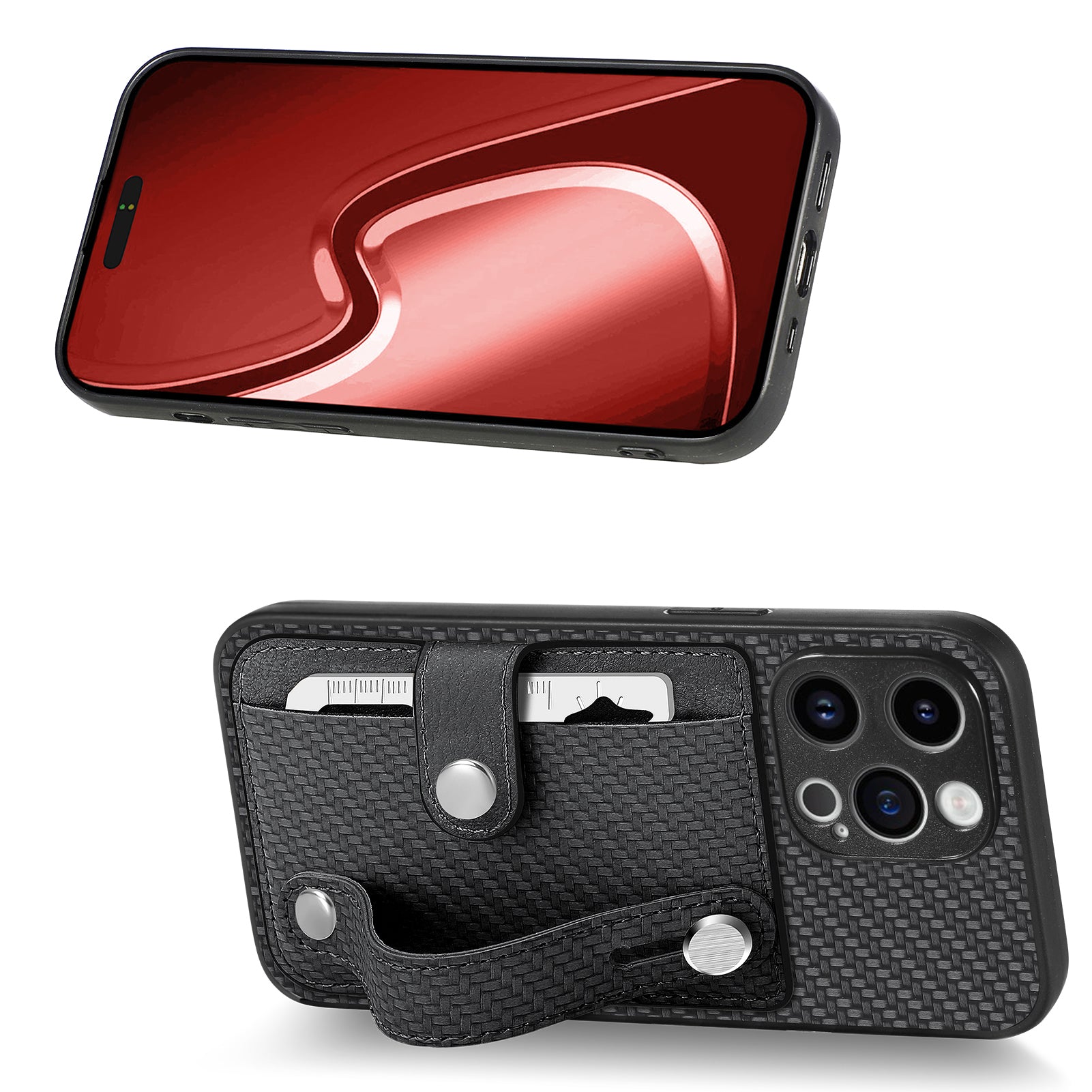 C1-01 For iPhone 15 Pro Max Case Carbon Fiber Texture Leather+TPU+PC Phone Cover with Card Holder