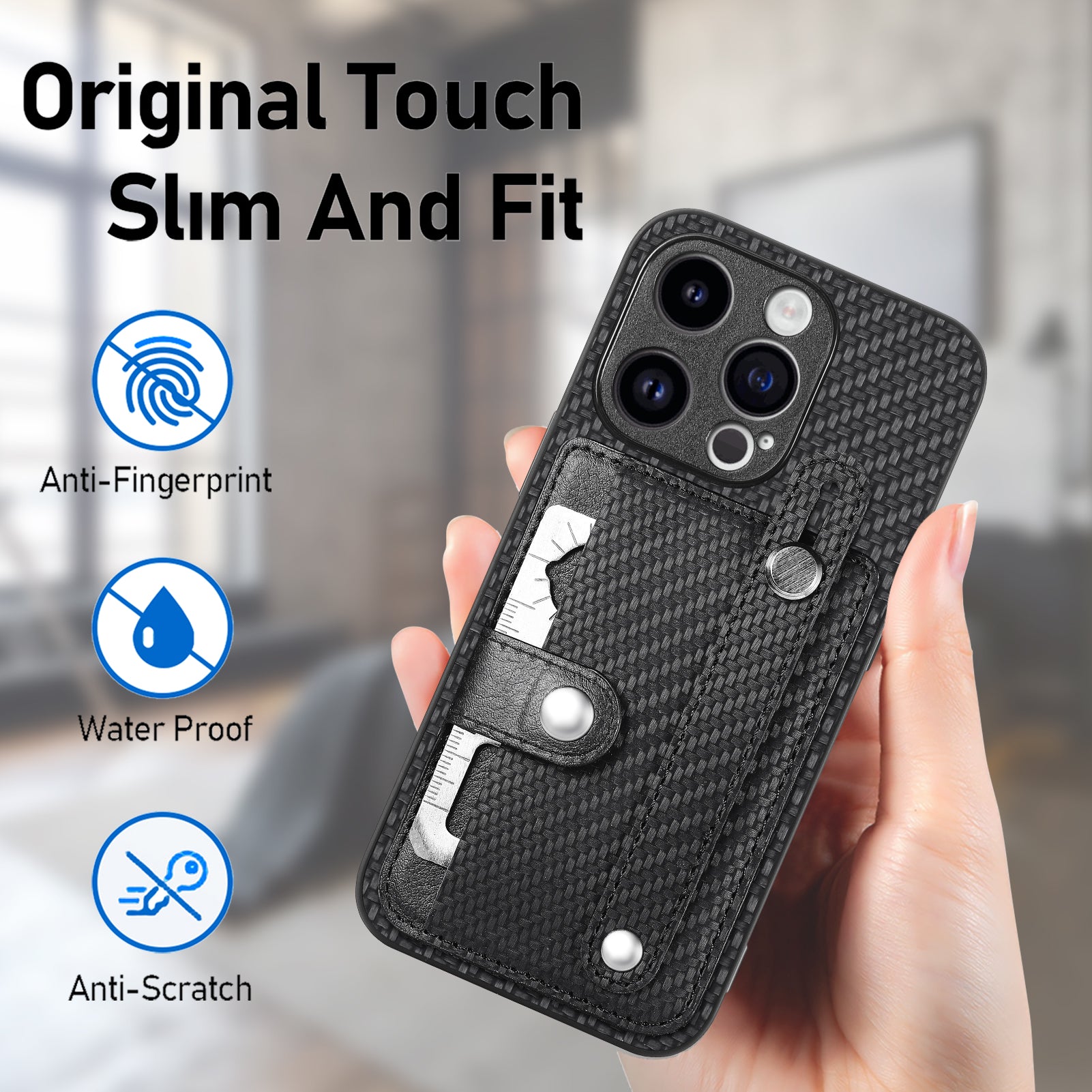 C1-01 For iPhone 15 Pro Max Case Carbon Fiber Texture Leather+TPU+PC Phone Cover with Card Holder