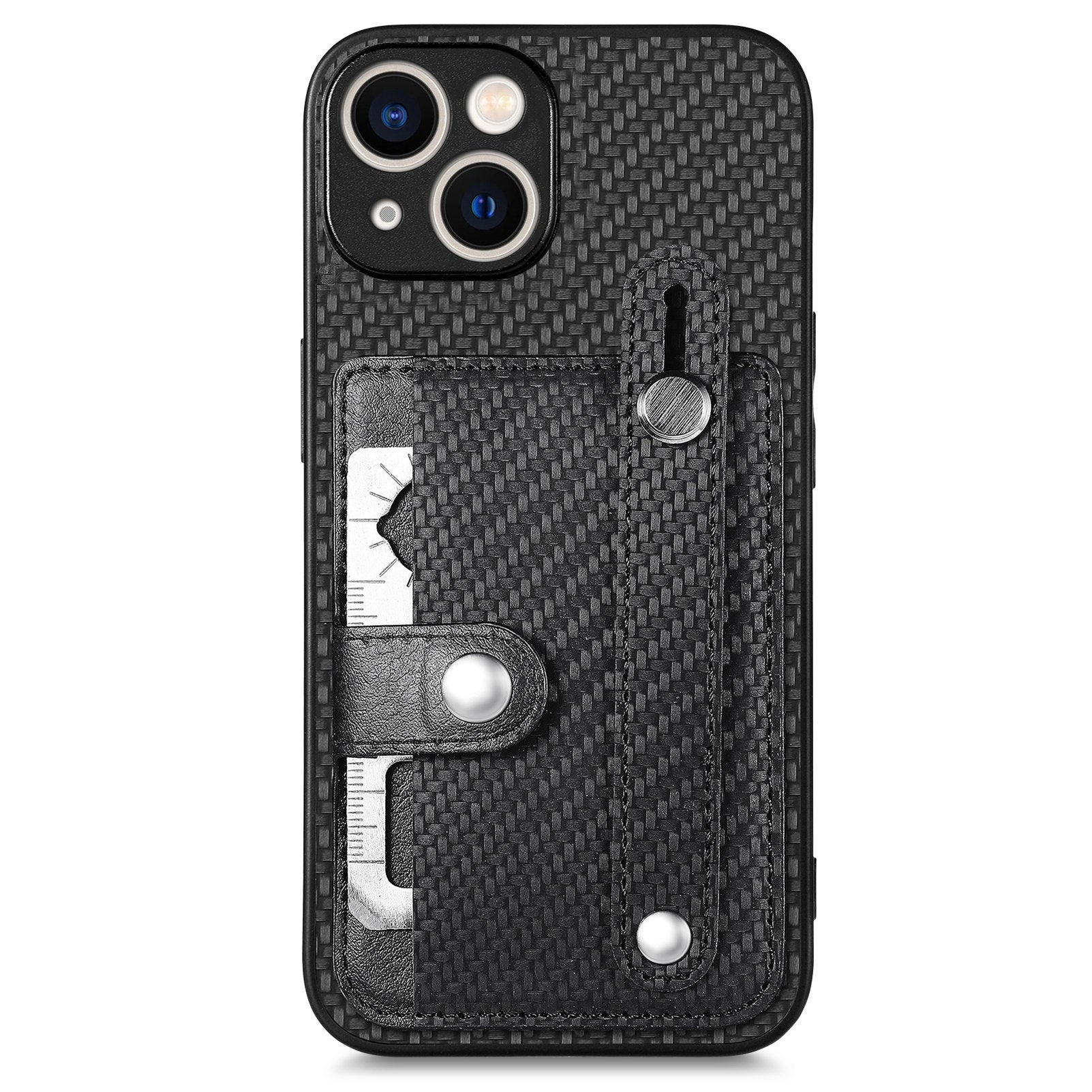 C1-01 For iPhone 15 Case Card Slot Leather+TPU+PC Carbon Fiber Texture Kickstand Phone Cover