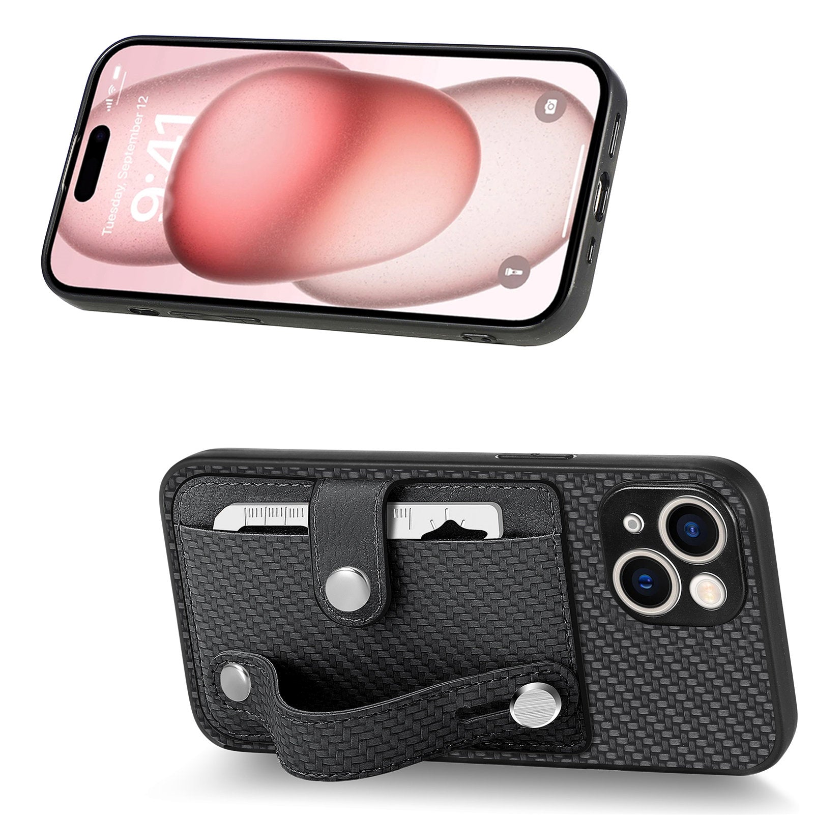 C1-01 For iPhone 15 Case Card Slot Leather+TPU+PC Carbon Fiber Texture Kickstand Phone Cover