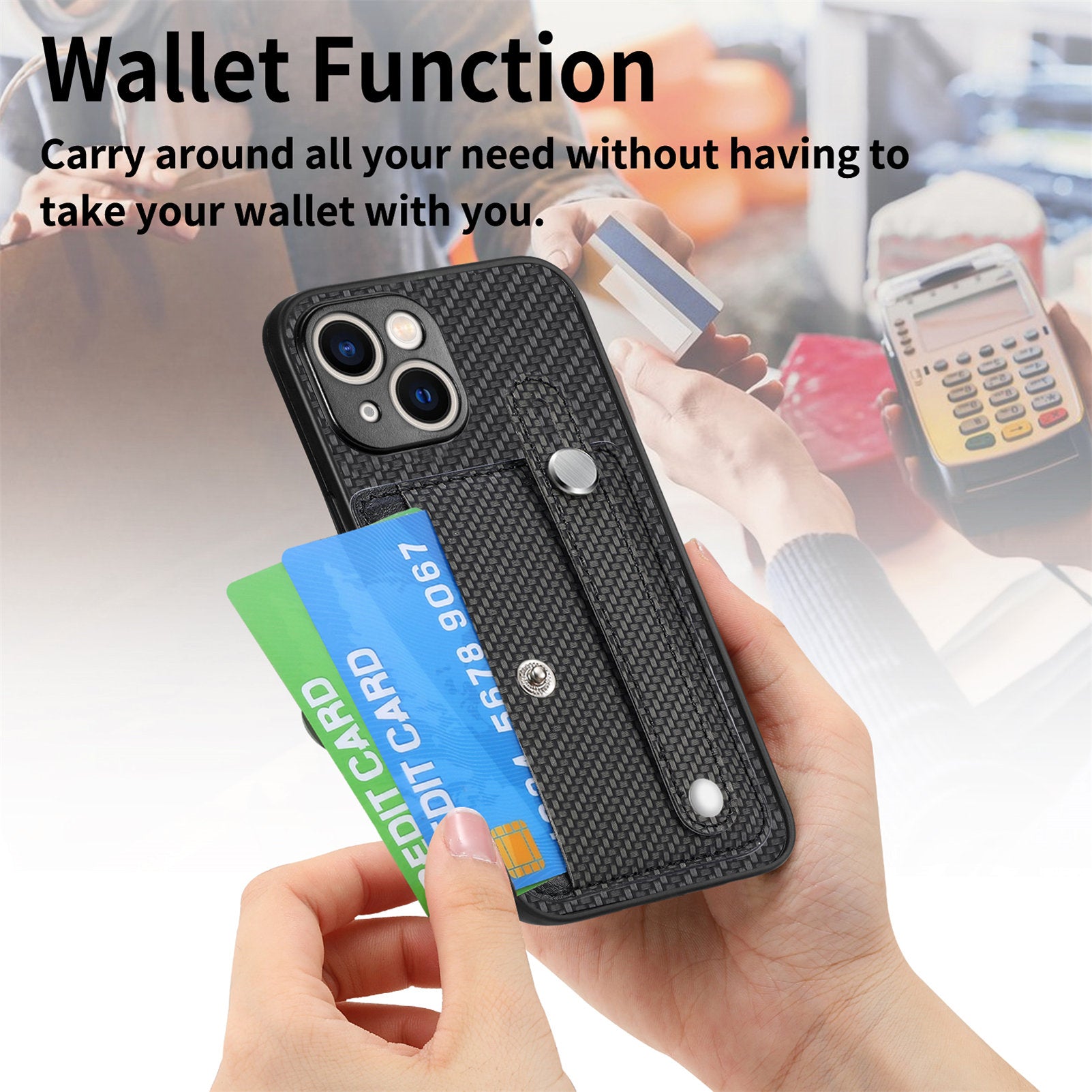 C1-01 For iPhone 15 Case Card Slot Leather+TPU+PC Carbon Fiber Texture Kickstand Phone Cover