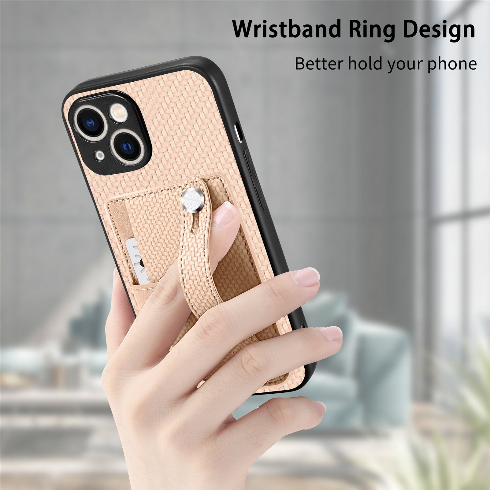 C1-01 For iPhone 15 Case Card Slot Leather+TPU+PC Carbon Fiber Texture Kickstand Phone Cover