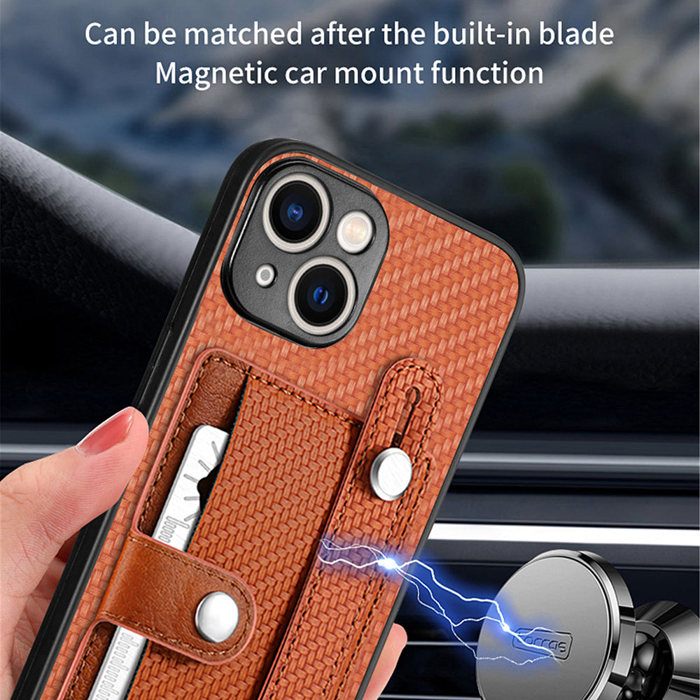 C1-01 For iPhone 15 Case Card Slot Leather+TPU+PC Carbon Fiber Texture Kickstand Phone Cover