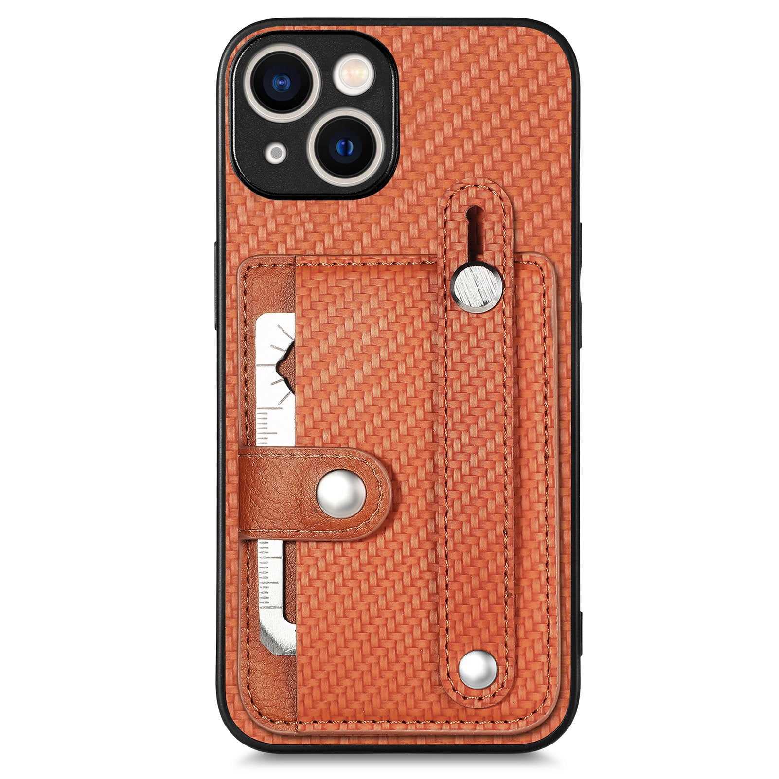 C1-01 For iPhone 15 Case Card Slot Leather+TPU+PC Carbon Fiber Texture Kickstand Phone Cover