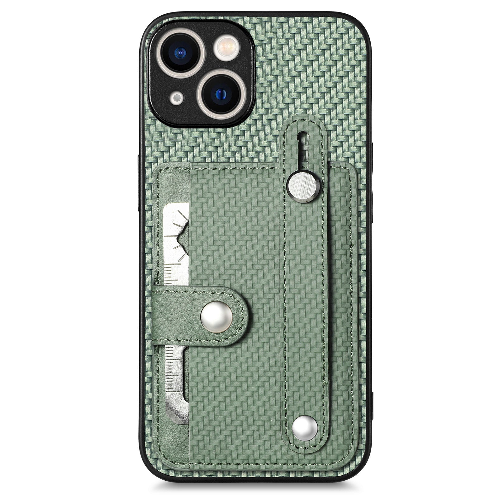 C1-01 For iPhone 15 Case Card Slot Leather+TPU+PC Carbon Fiber Texture Kickstand Phone Cover
