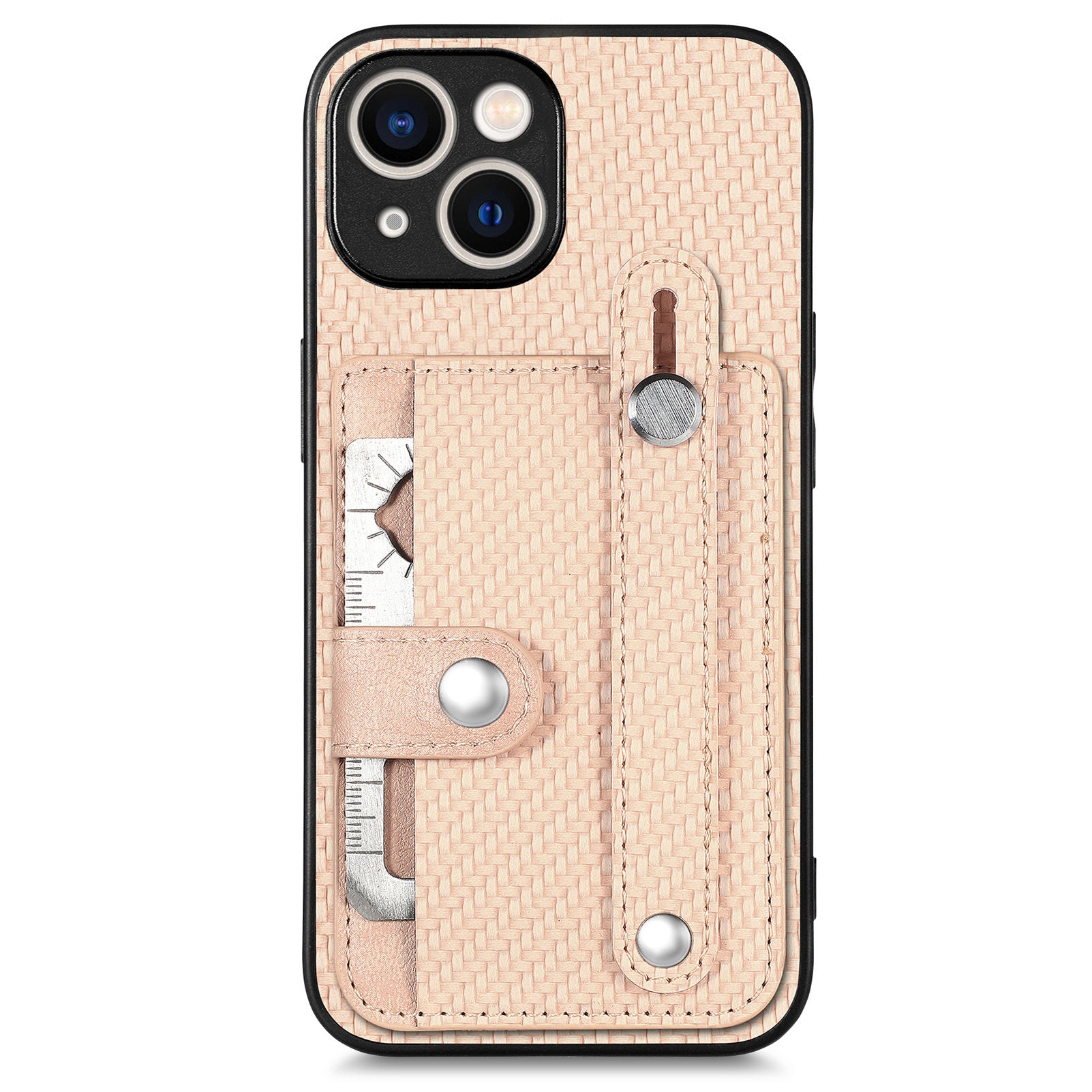 C1-01 For iPhone 15 Case Card Slot Leather+TPU+PC Carbon Fiber Texture Kickstand Phone Cover