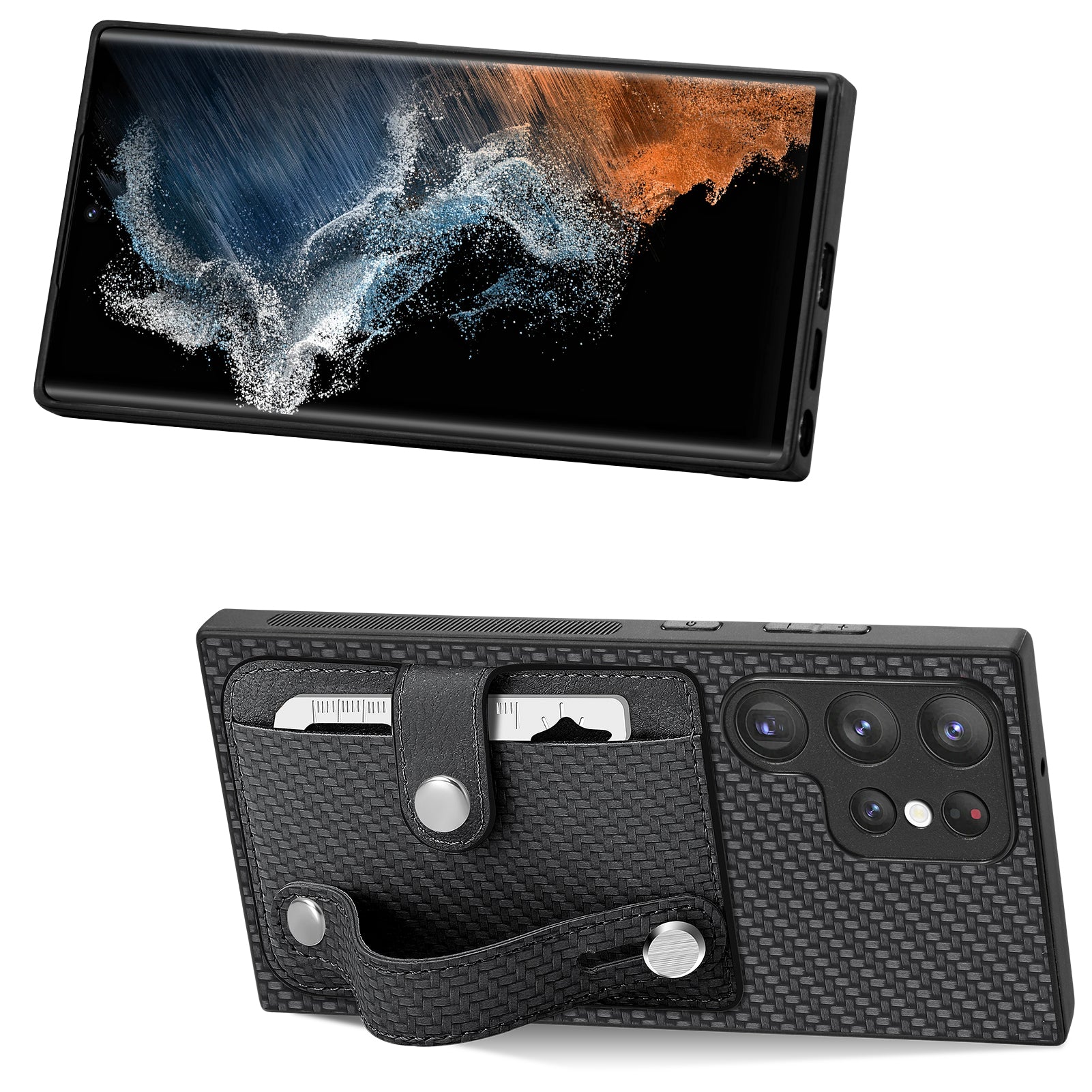 C1-01 For Samsung Galaxy S23 Ultra Wristband Cell Phone Case Card Holder PU Leather Coated TPU+PC Cover
