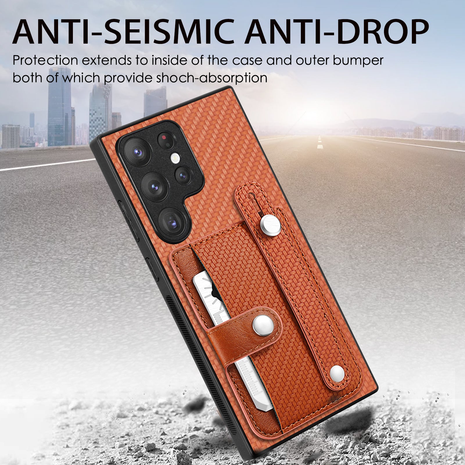 C1-01 For Samsung Galaxy S23 Ultra Wristband Cell Phone Case Card Holder PU Leather Coated TPU+PC Cover