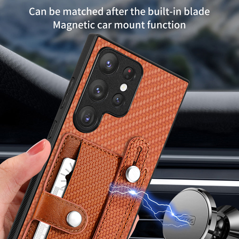 C1-01 For Samsung Galaxy S23 Ultra Wristband Cell Phone Case Card Holder PU Leather Coated TPU+PC Cover