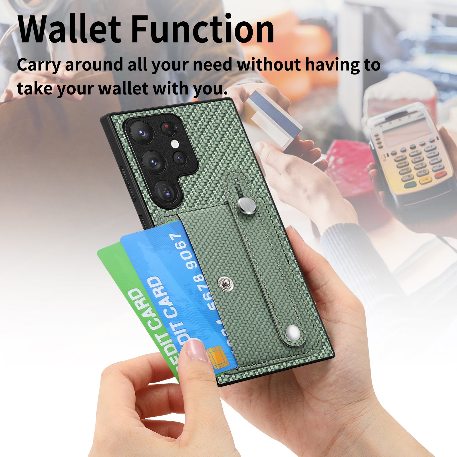 C1-01 For Samsung Galaxy S23 Ultra Wristband Cell Phone Case Card Holder PU Leather Coated TPU+PC Cover
