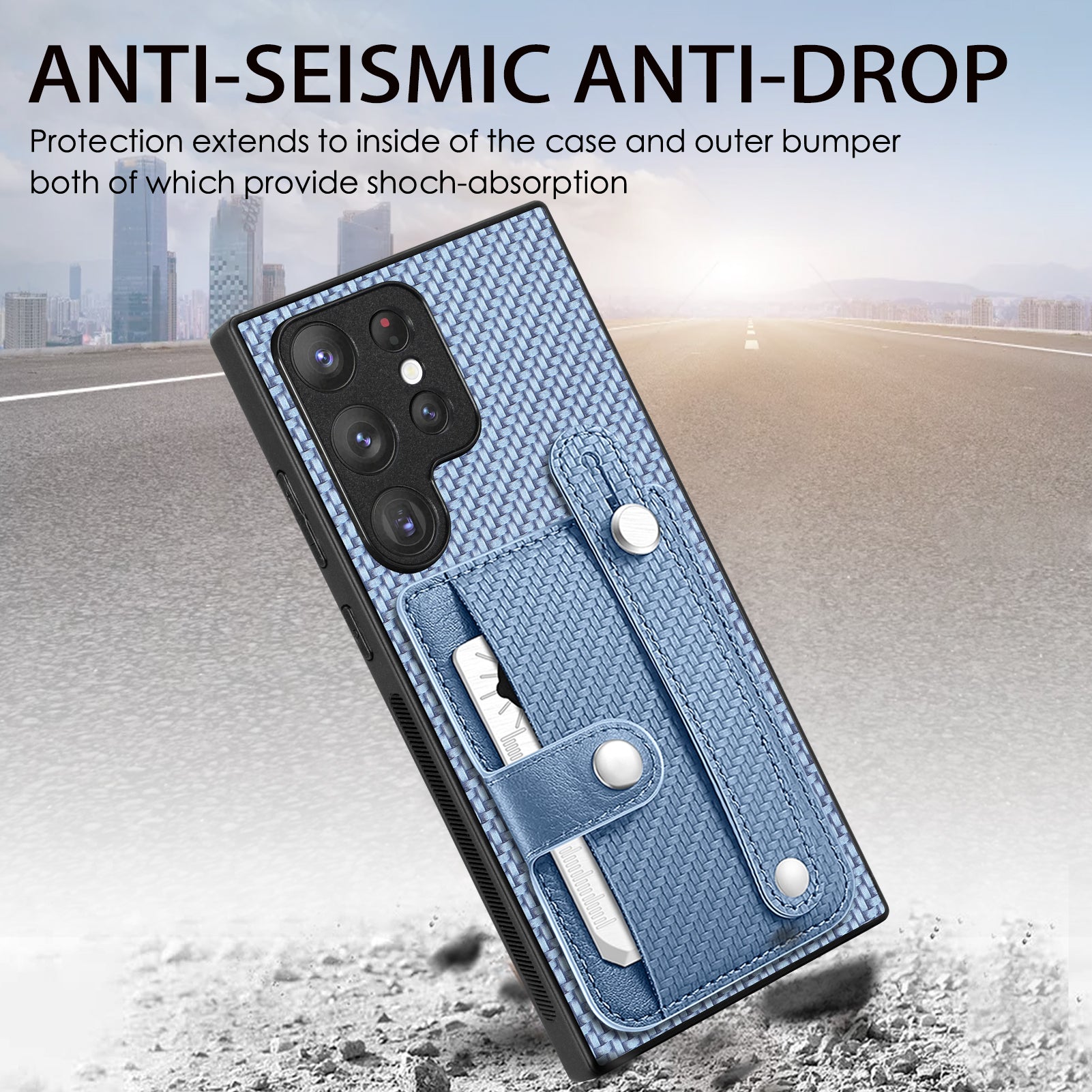 C1-01 For Samsung Galaxy S23 Ultra Wristband Cell Phone Case Card Holder PU Leather Coated TPU+PC Cover