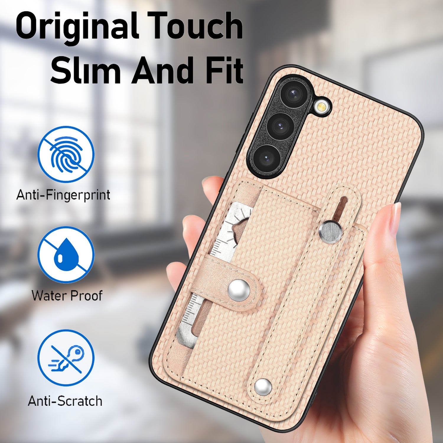 C1-01 For Samsung Galaxy S23+ PU Leather+TPU+PC Phone Cover Slim-fit Shockproof Case with Card Holder Wristband