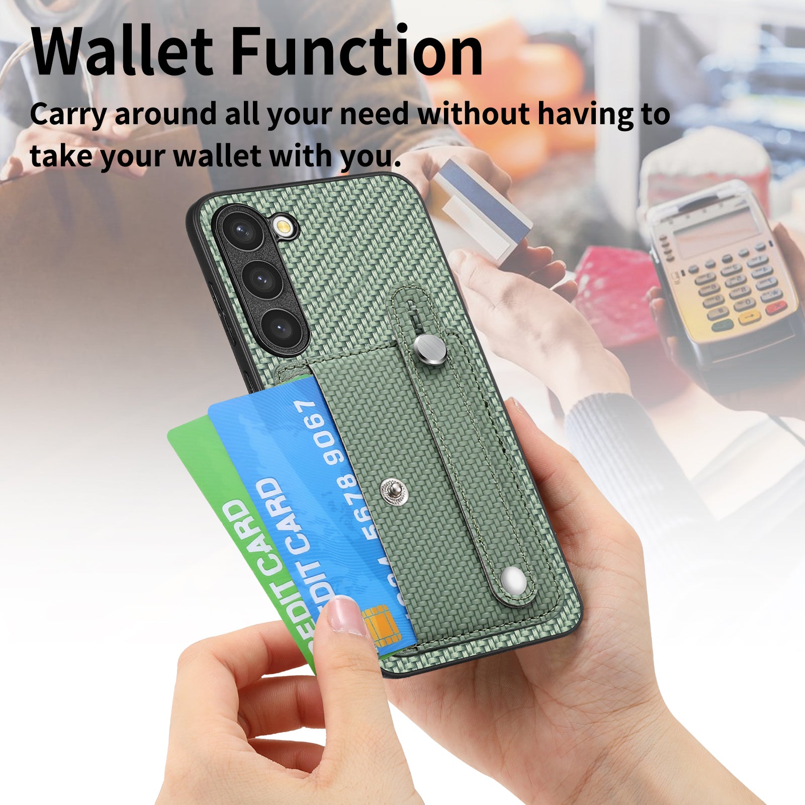 C1-01 For Samsung Galaxy S23+ PU Leather+TPU+PC Phone Cover Slim-fit Shockproof Case with Card Holder Wristband