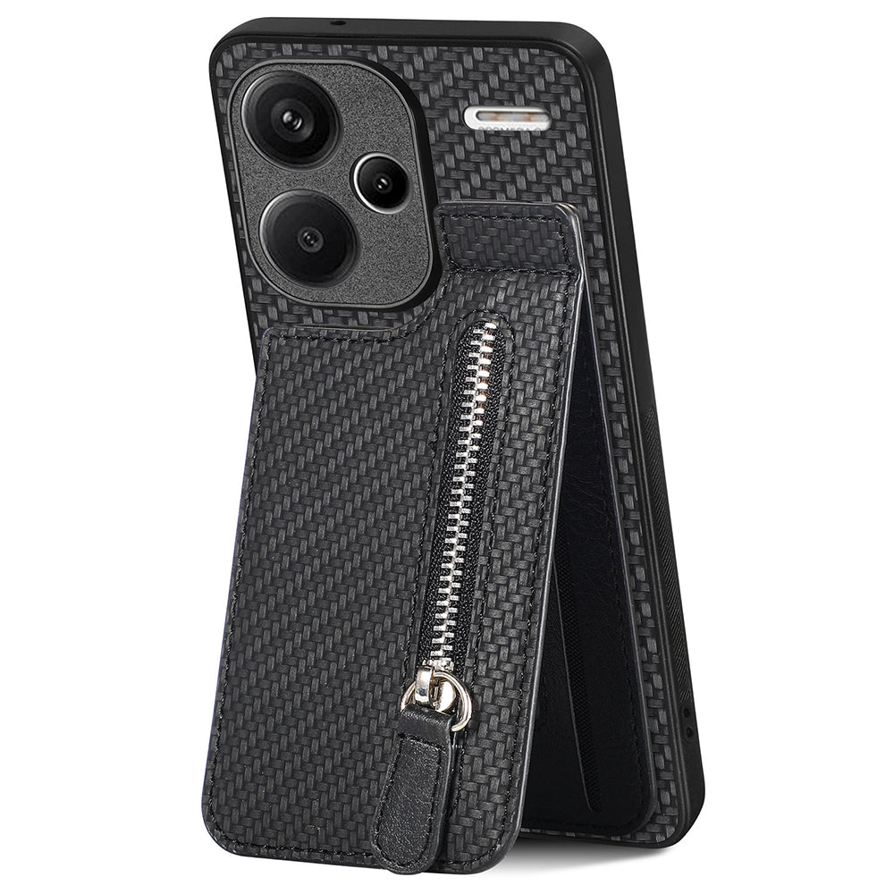 C1-03 For Xiaomi Redmi Note 13 Pro+ 5G Case Zipper Pocket Vertical Kickstand Carbon Fiber Phone Cover