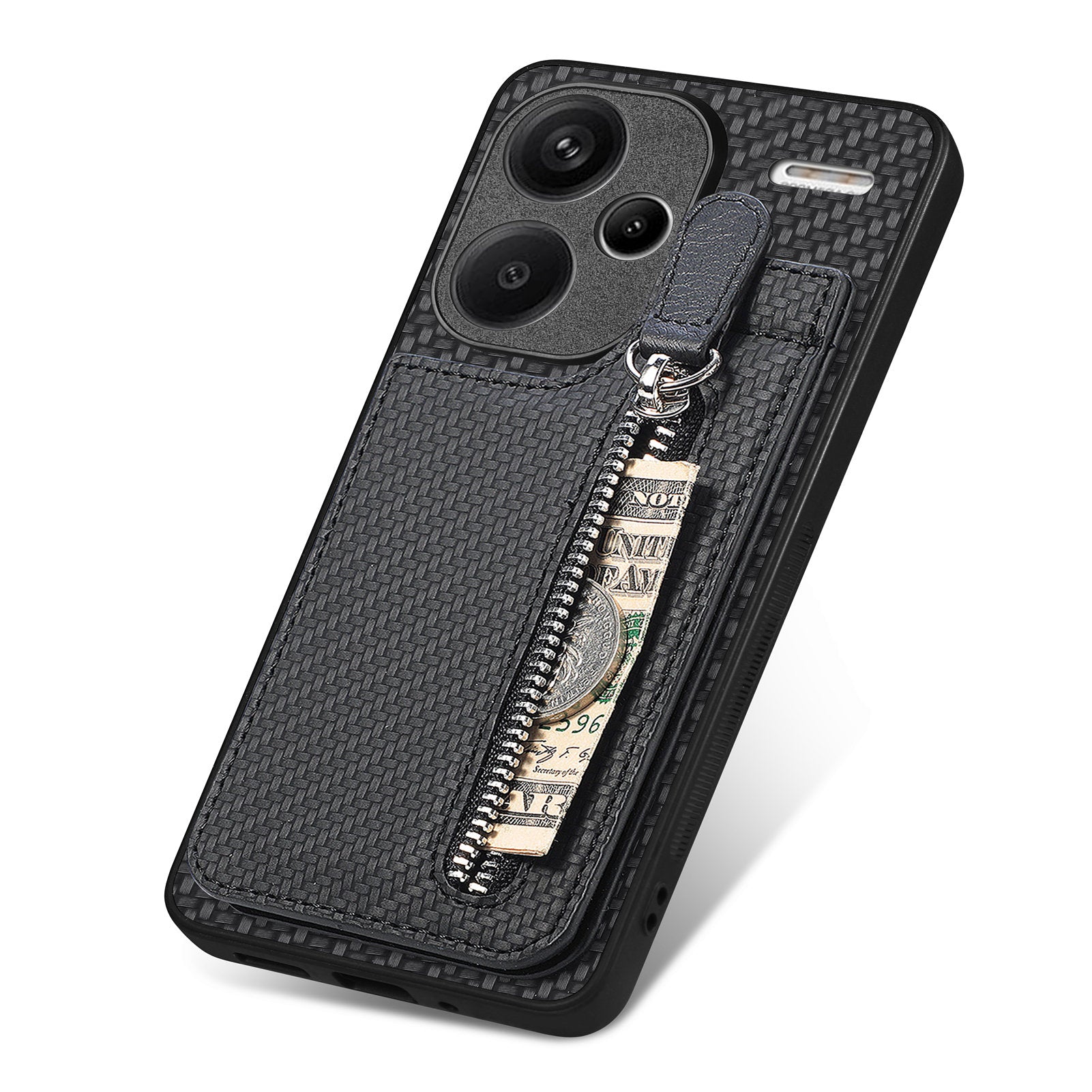 C1-03 For Xiaomi Redmi Note 13 Pro+ 5G Case Zipper Pocket Vertical Kickstand Carbon Fiber Phone Cover