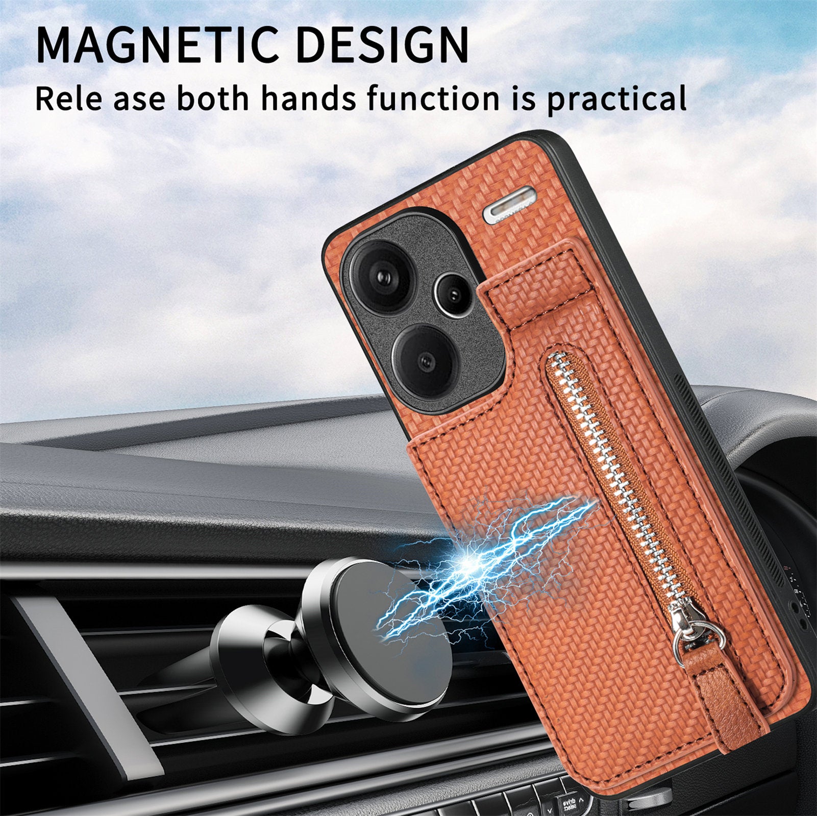 C1-03 For Xiaomi Redmi Note 13 Pro+ 5G Case Zipper Pocket Vertical Kickstand Carbon Fiber Phone Cover