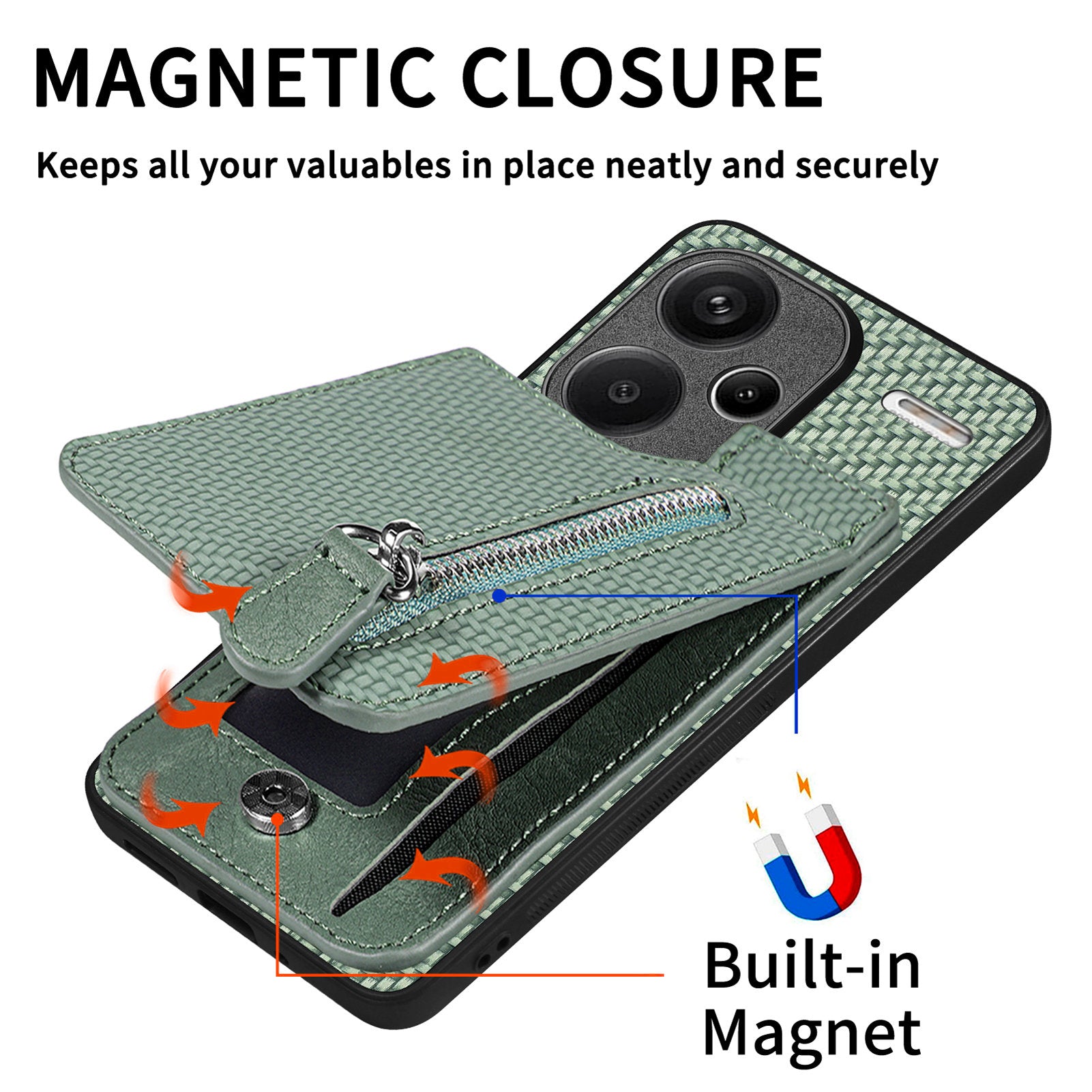 C1-03 For Xiaomi Redmi Note 13 Pro+ 5G Case Zipper Pocket Vertical Kickstand Carbon Fiber Phone Cover