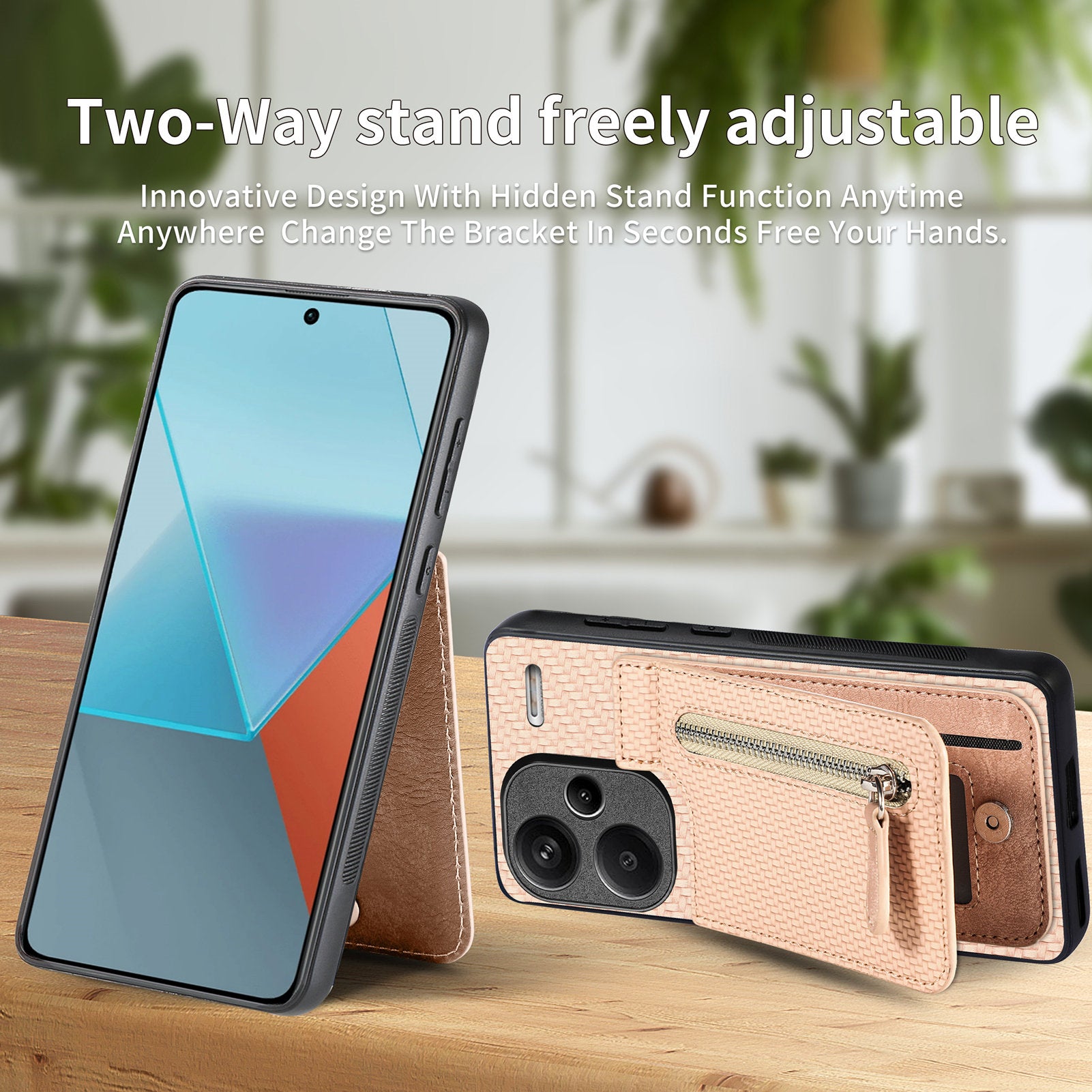 C1-03 For Xiaomi Redmi Note 13 Pro+ 5G Case Zipper Pocket Vertical Kickstand Carbon Fiber Phone Cover